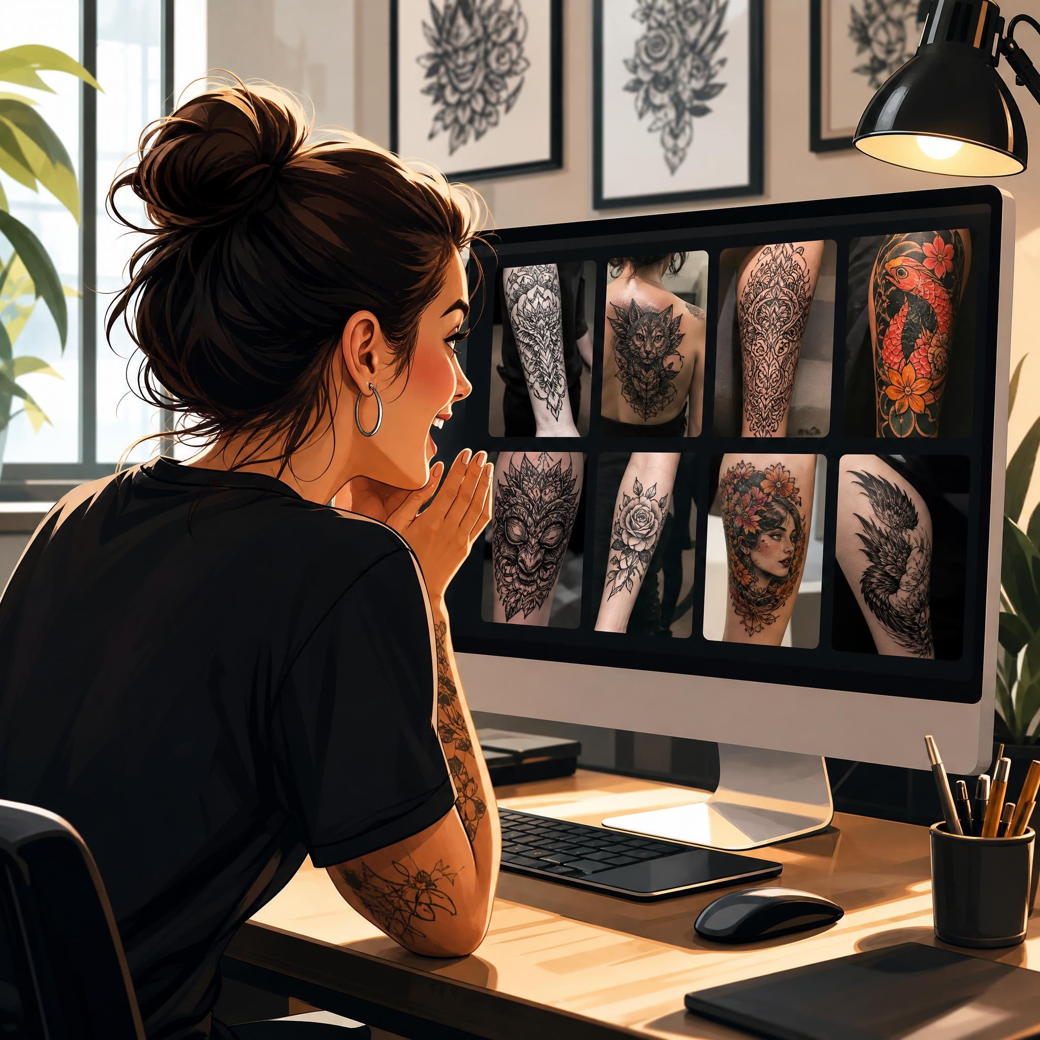 Illustration d'une personne regardant des portfolios de tatoueurs sur un écran avec enthousiasme, style illustratif moderne et dynamique sans texte