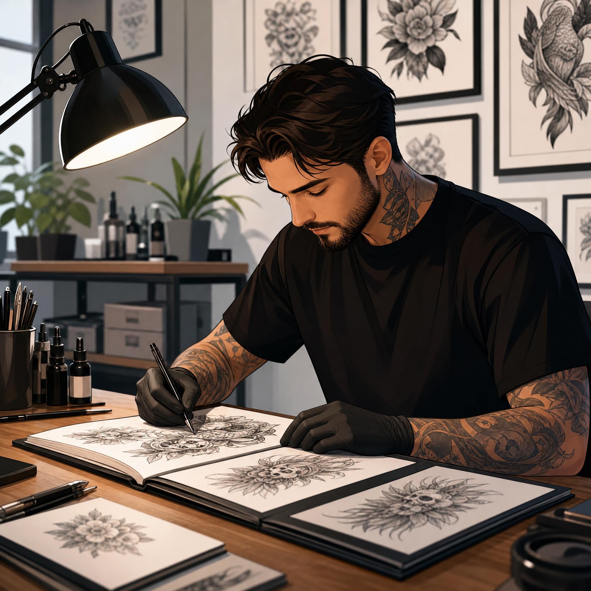 Illustration d'un tatoueur en train de travailler sur un portfolio, environnement studio propre et artistique, style illustratif sans texte