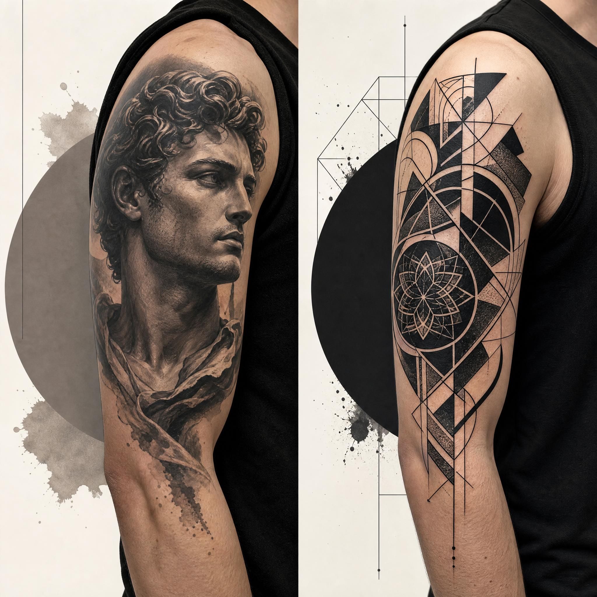 Illustration illustrative comparant un tatouage réaliste (portrait) et un tatouage blackwork géométrique, côte à côte, style graphique sans texte