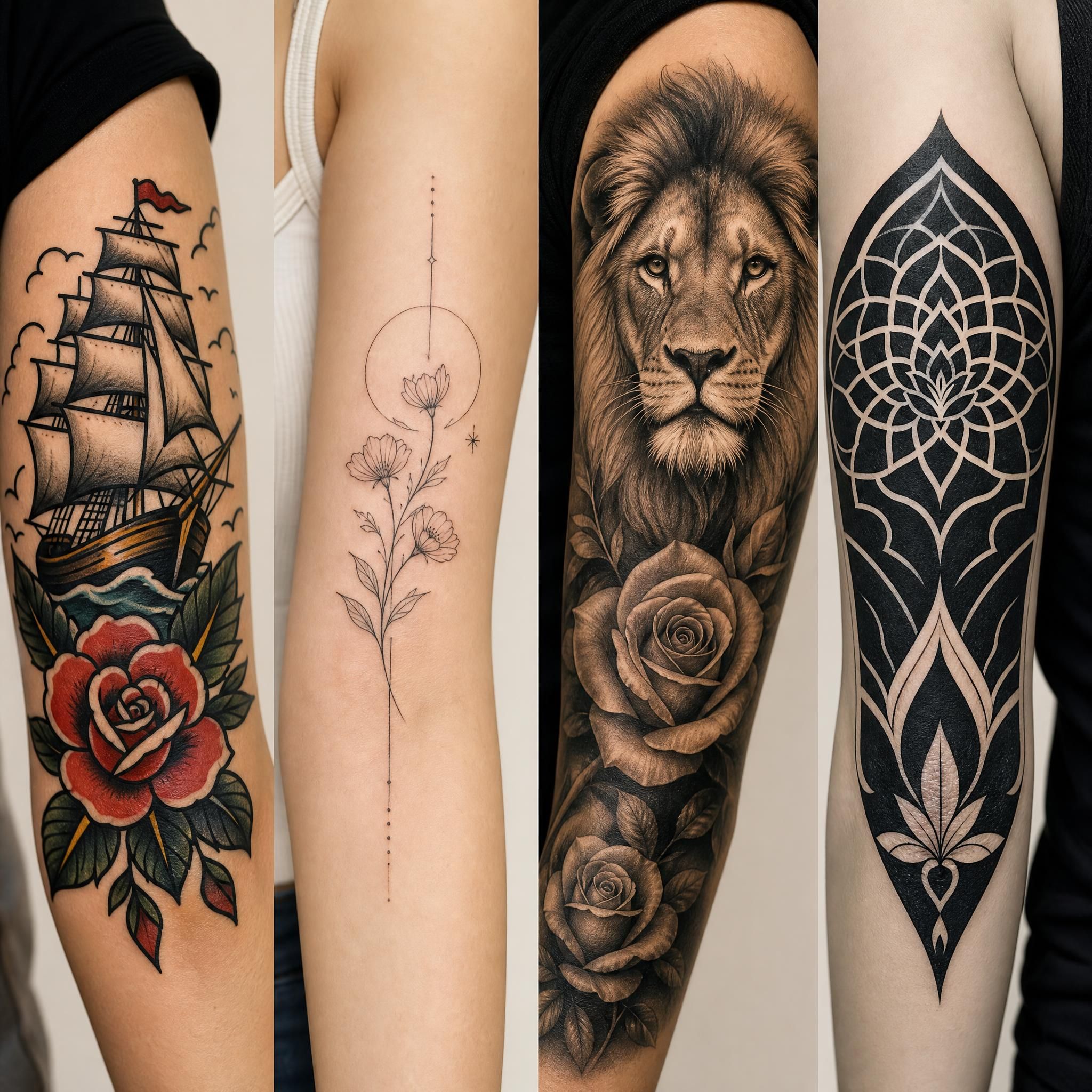 Illustration colorée et illustrative montrant plusieurs styles de tatouage côte à côte — old school, fineline, réalisme, blackwork — sur fond neutre, sans texte