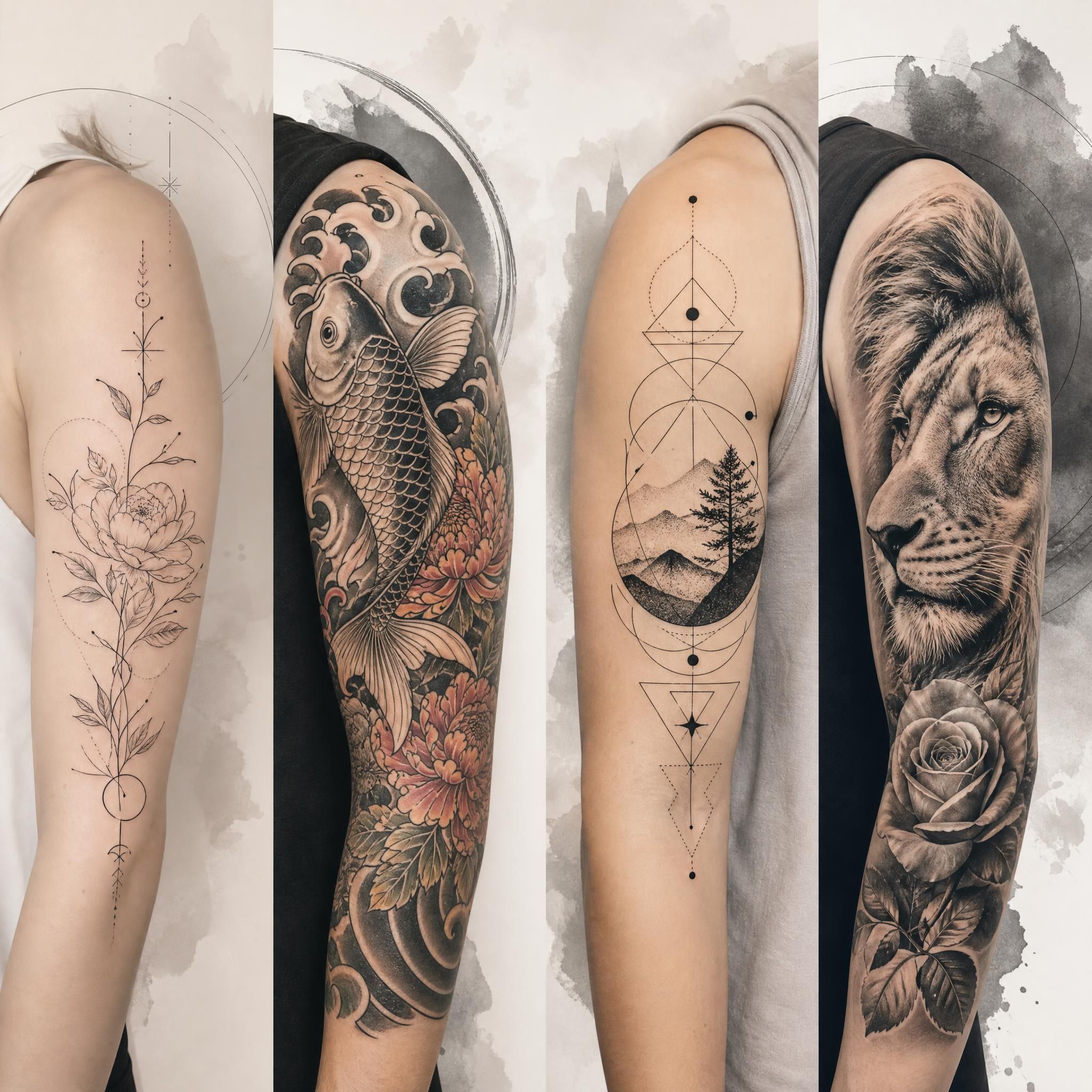 Illustration de différents styles de tatouage côte à côte - fine line, japonais, géométrique, réalisme - style comparatif artistique sans texte