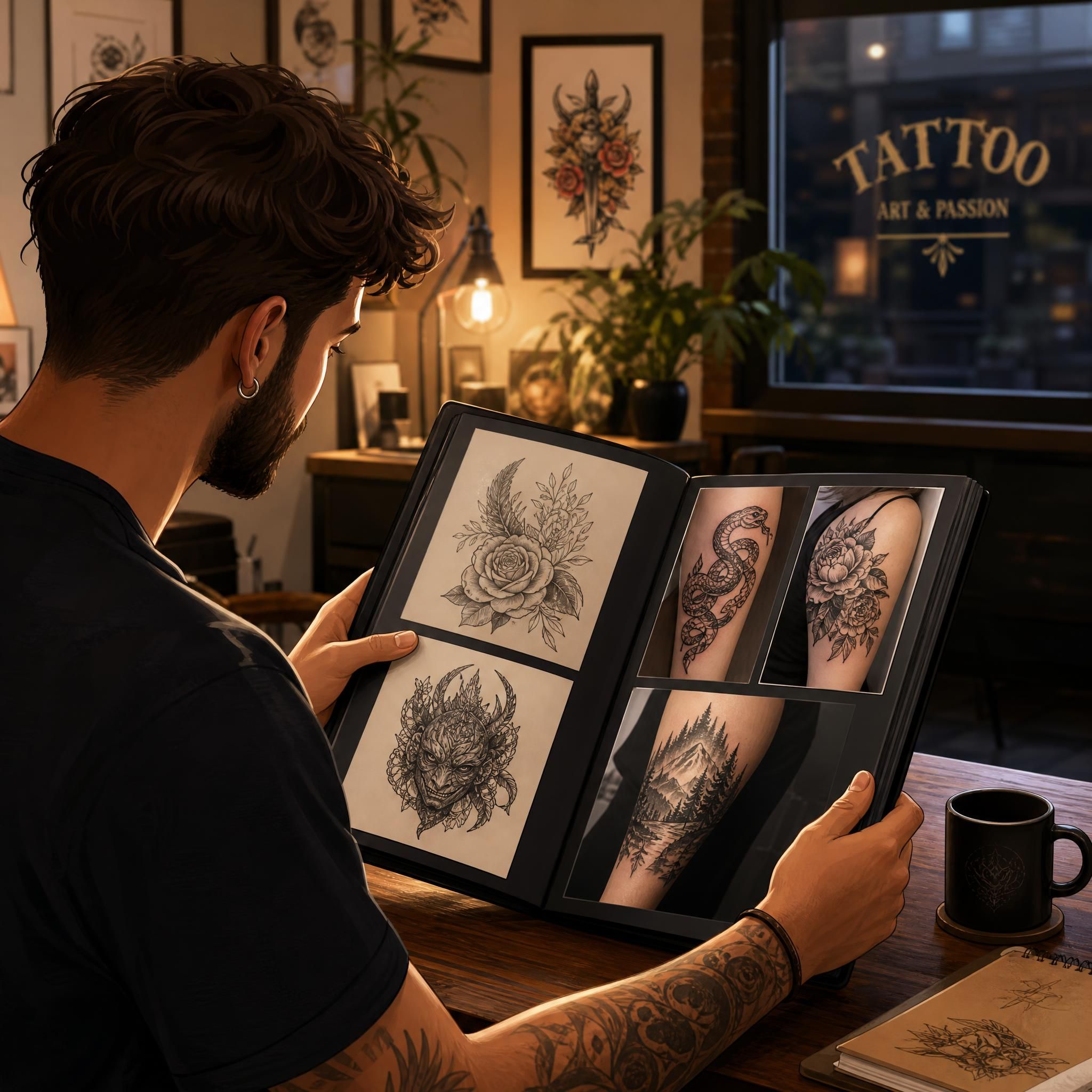 Illustration d'une personne en train d'examiner attentivement plusieurs dessins et photos dans un portfolio de tatoueur, ambiance chaleureuse et studieuse, style illustratif