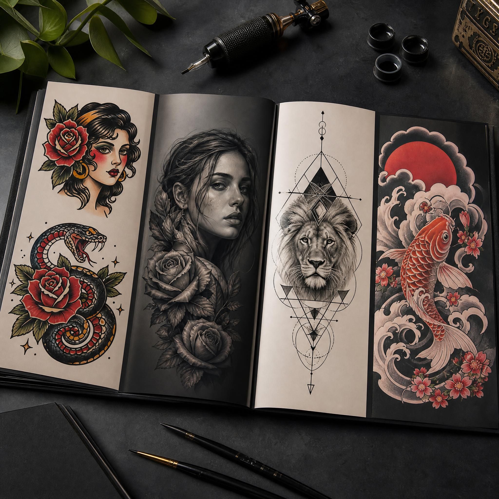 Illustration illustrative d'un portfolio de tatoueur avec différents styles artistiques — old school, réaliste, géométrique, japonais — disposés de façon esthétique, sans texte
