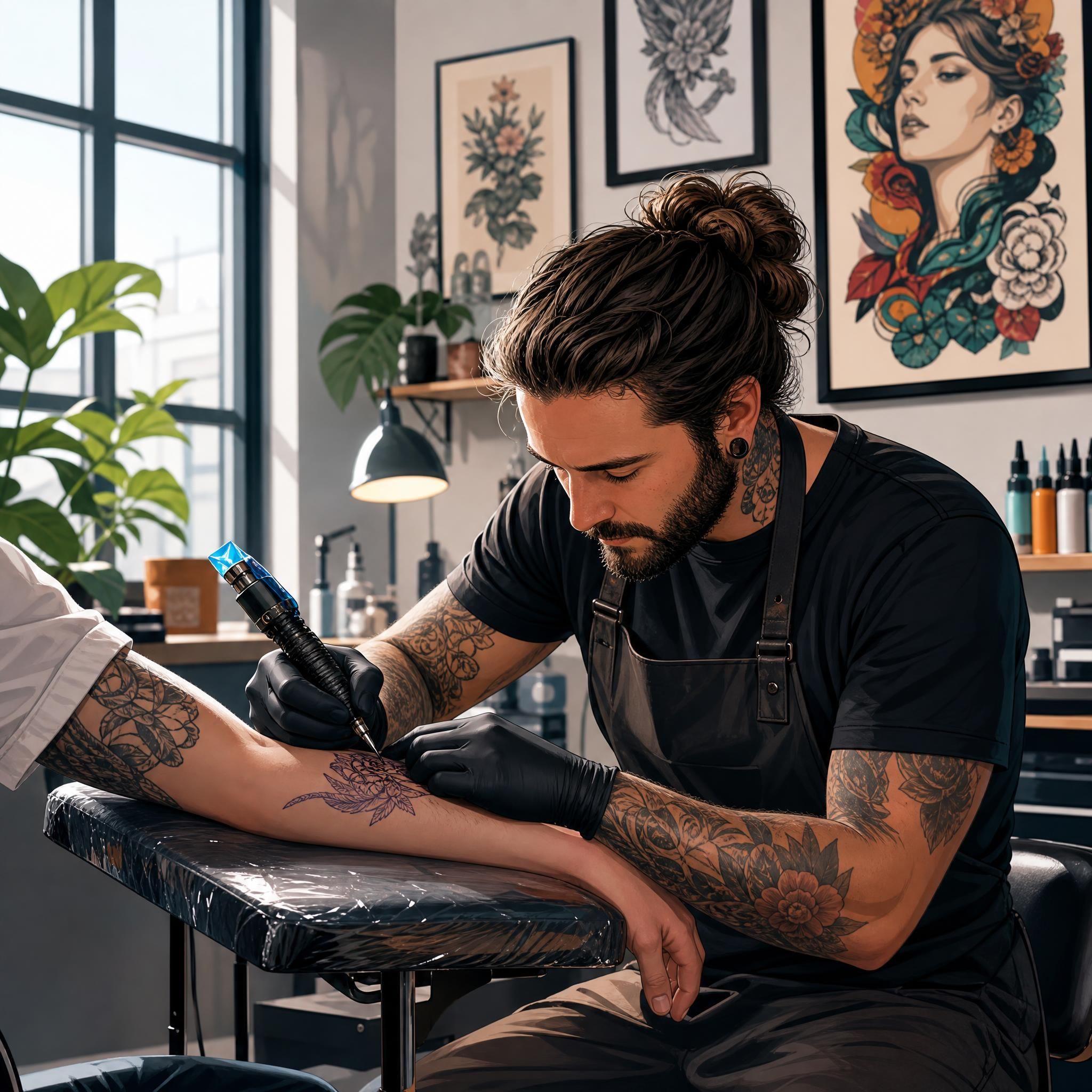 Illustration colorée et moderne d'un tatoueur au travail dans son studio, style artistique sans texte, ambiance créative et inspirante