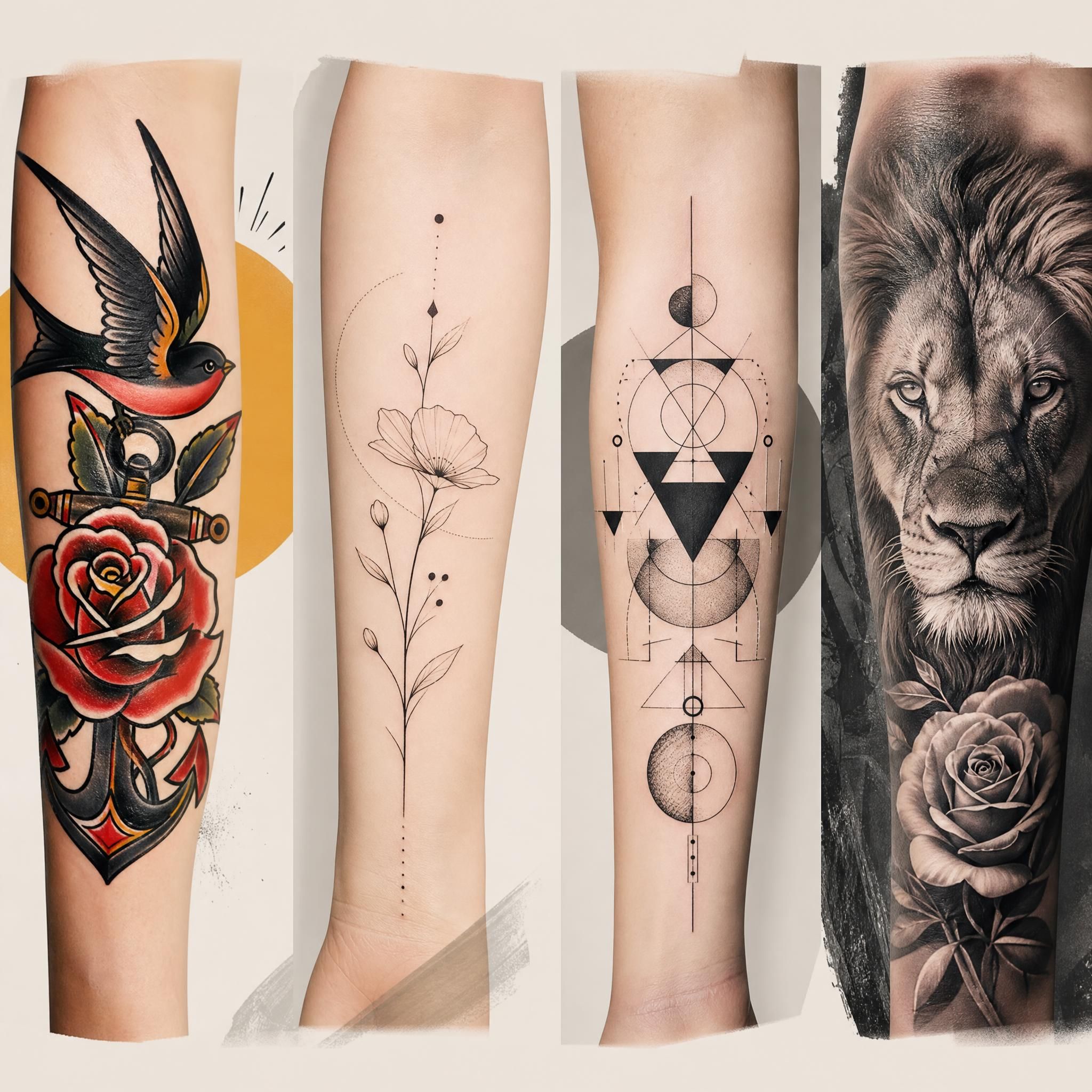 Illustration illustrative montrant une planche de différents styles de tatouage côte à côte — old school, minimaliste, géométrique, réalisme — sans texte, style graphique moderne