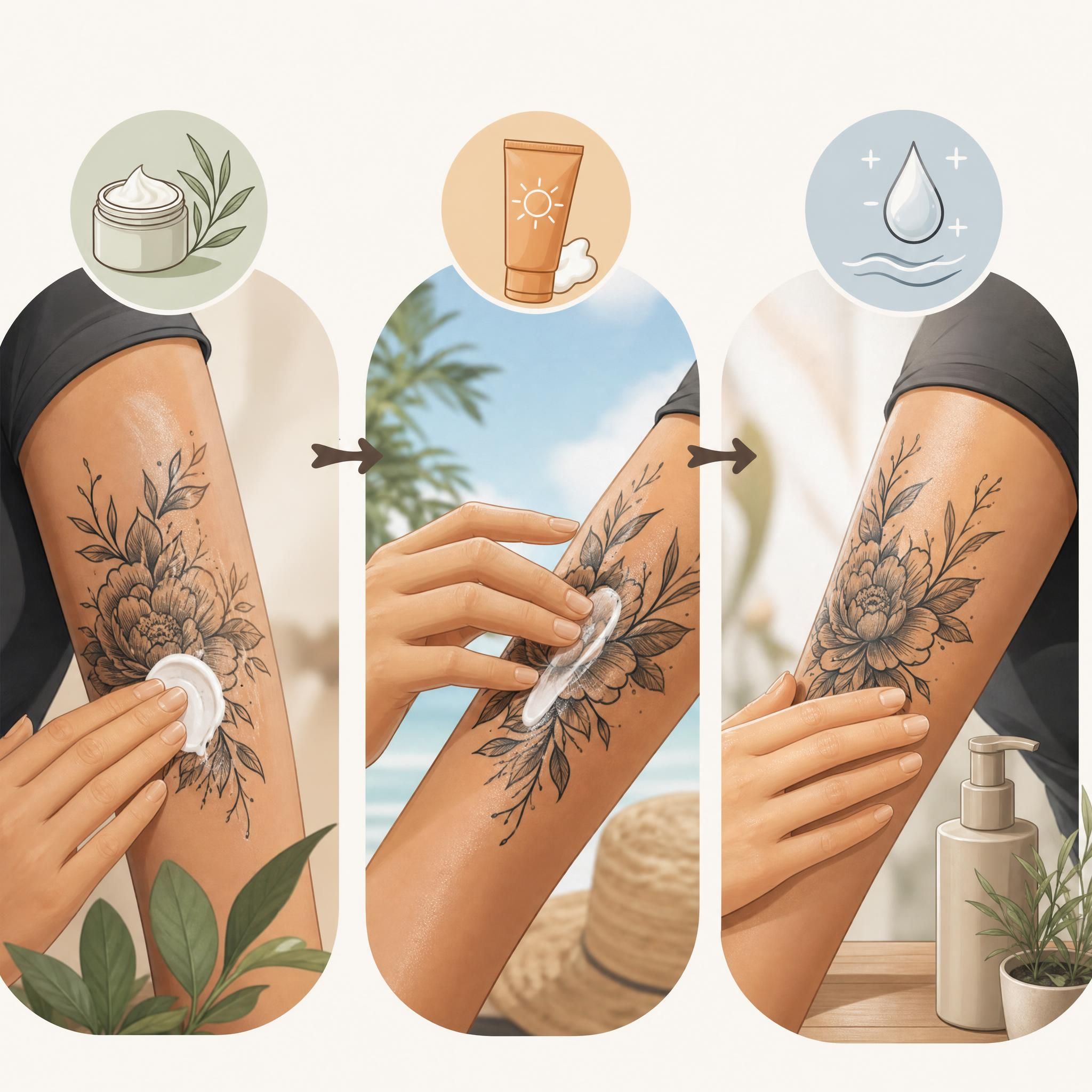 Illustration illustrative montrant les étapes de soin d'un tatouage — crème, protection solaire, hydratation — style graphique doux sans texte