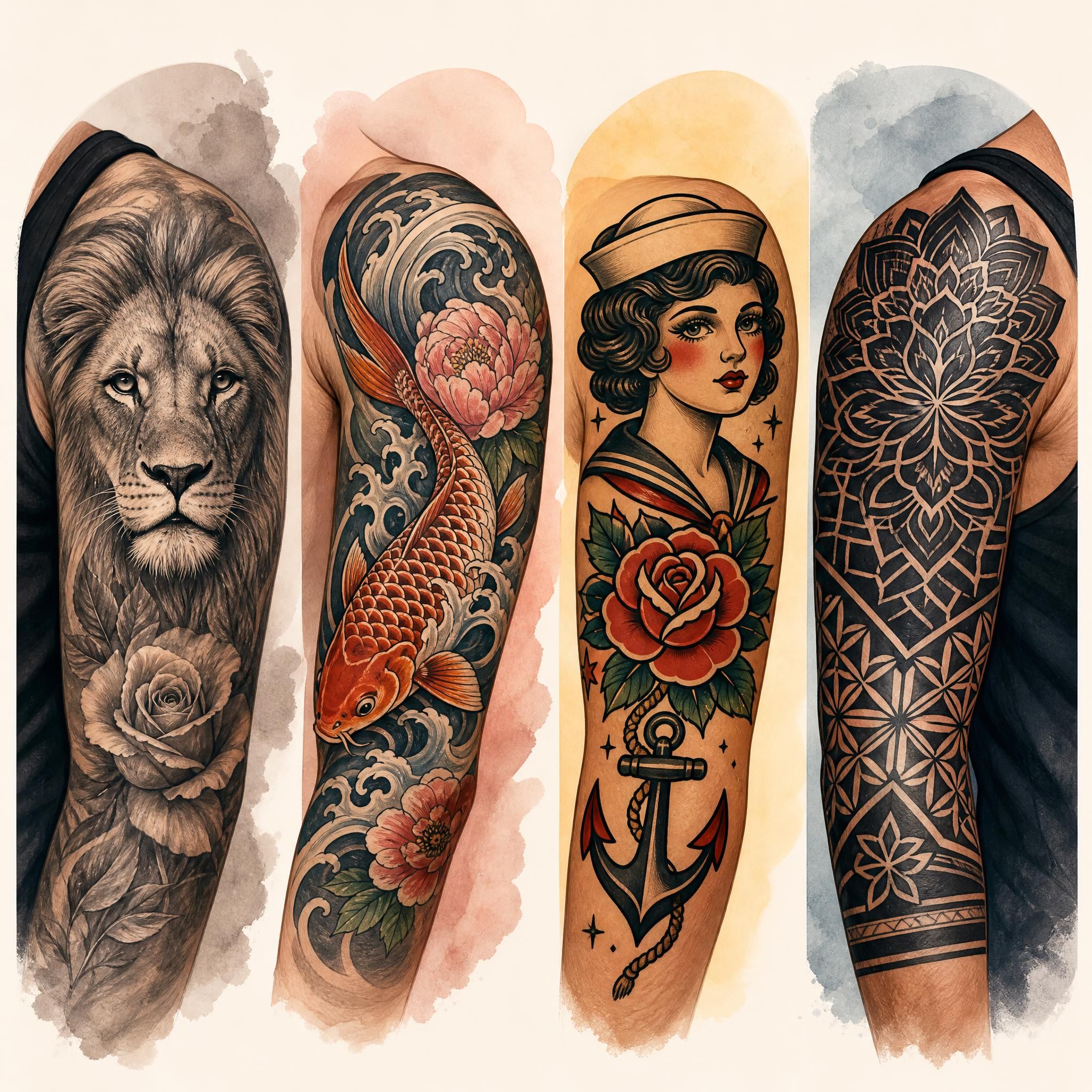 Illustration douce montrant différents styles de tatouage côte à côte — réaliste, japonais, old school, blackwork — style illustratif coloré sans texte