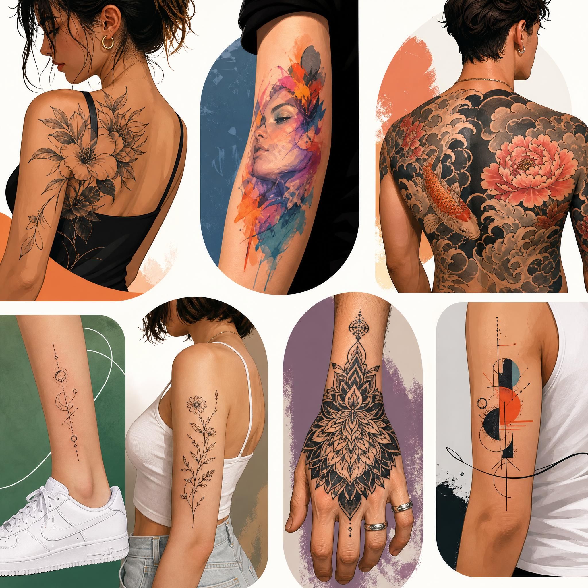 Illustration colorée et moderne de différents styles de tatouage en vogue en 2026, sans texte, style illustratif