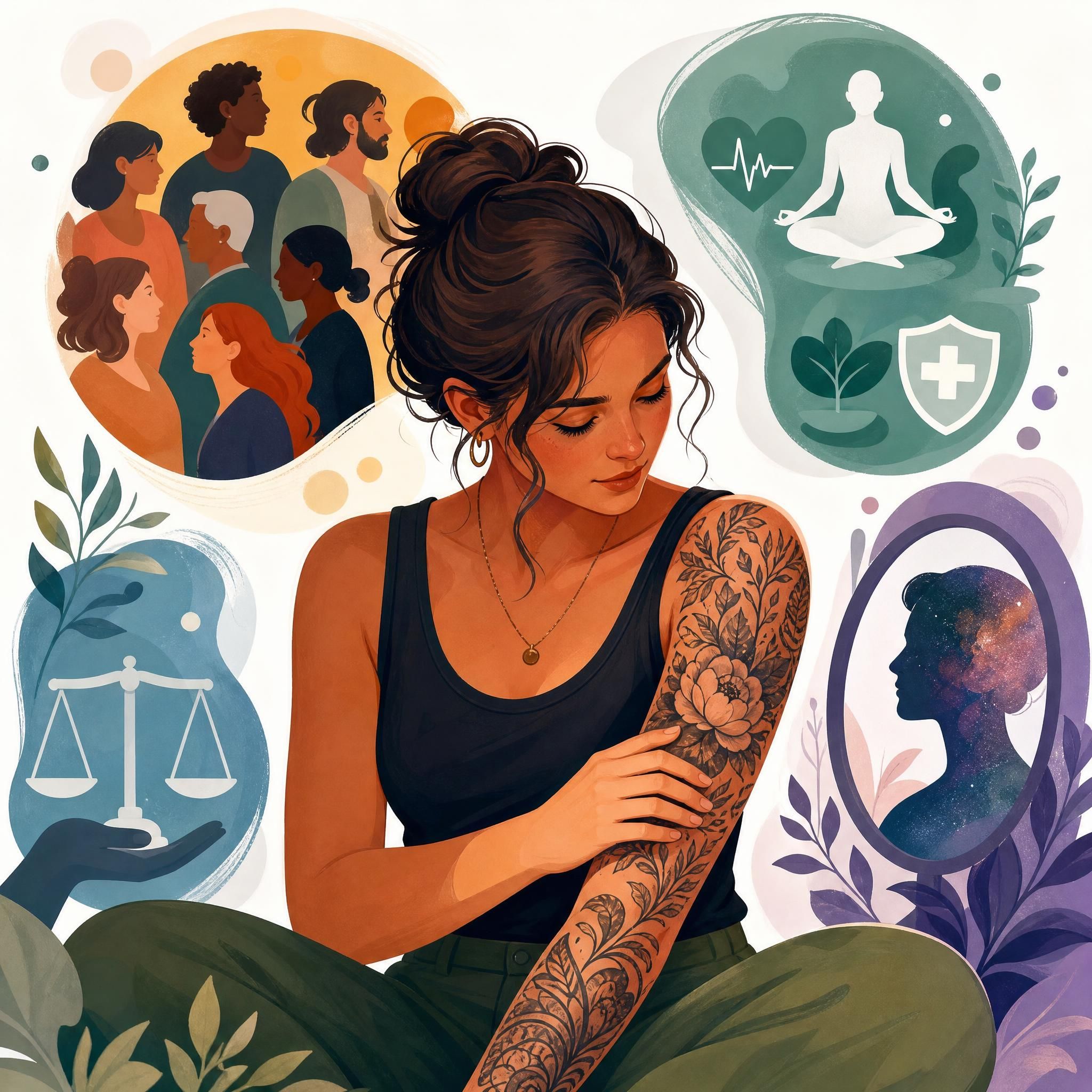 Illustration colorée et illustrative d'une personne contemplant son bras tatoué, entourée de symboles représentant la société, la santé et l'identité, sans texte