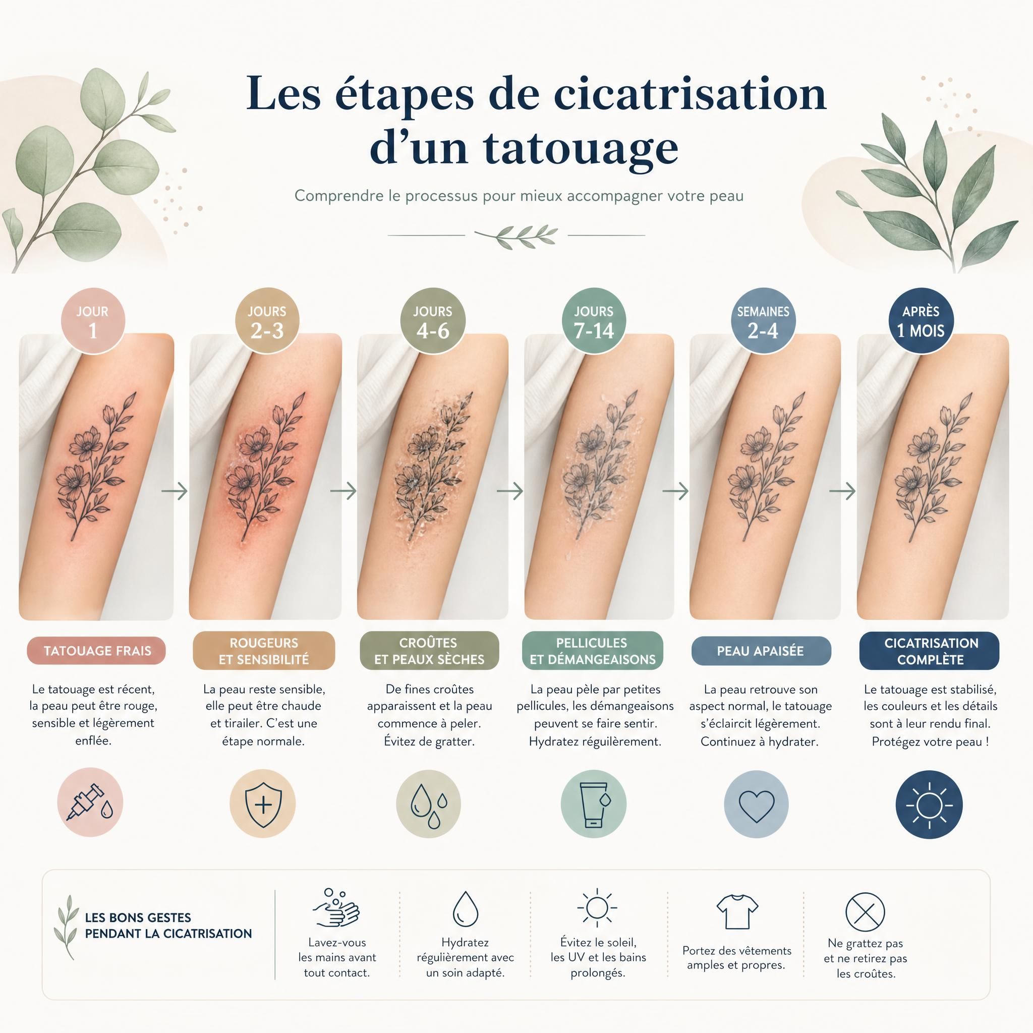 Illustration apaisante montrant les différentes étapes de cicatrisation d'un tatouage représentées en frise chronologique, style illustratif doux et pédagogique