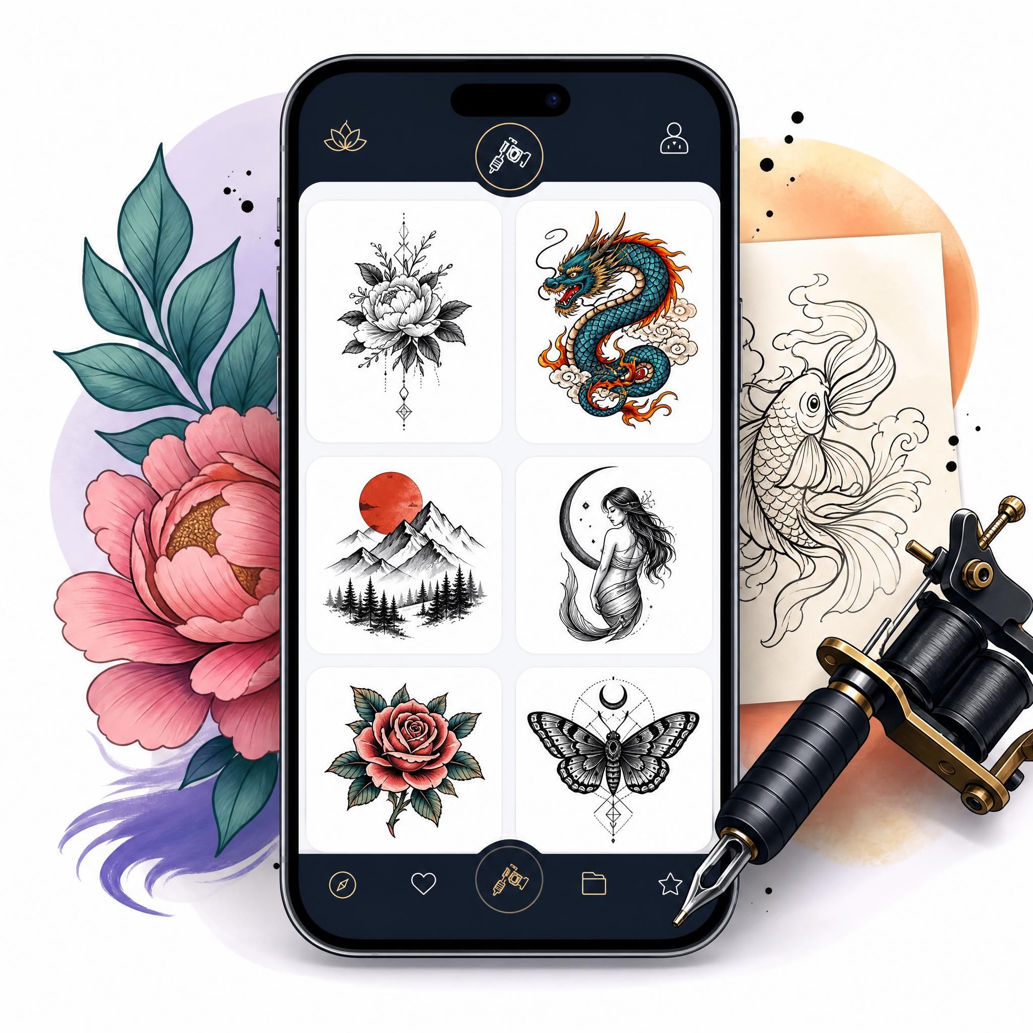 Illustration colorée d'un smartphone affichant une interface d'application de tatouage avec des designs variés en style illustratif sans texte