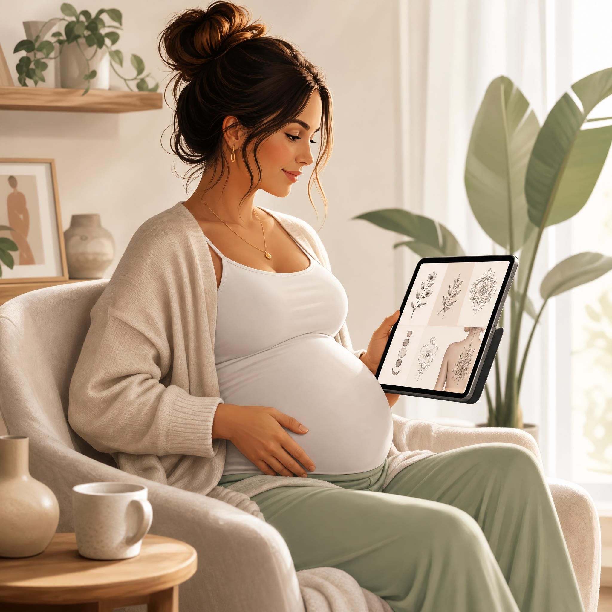 Illustration douce et illustrative d'une femme enceinte regardant des inspirations de tatouages sur une tablette, ambiance sereine, style graphique sans texte