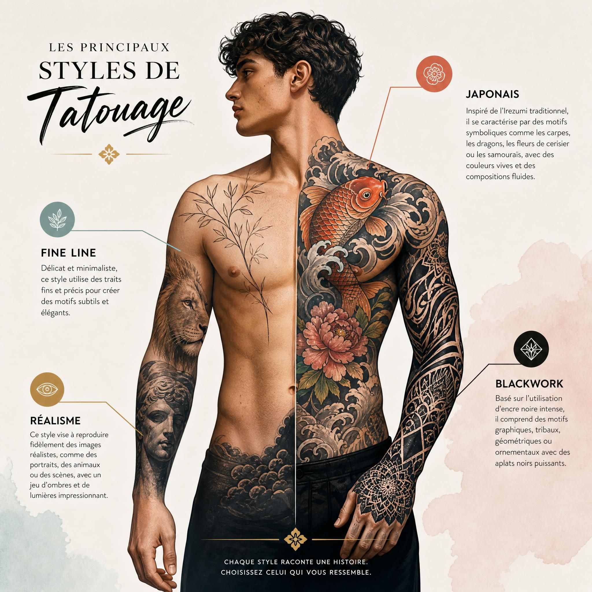 Illustration artistique colorée représentant différents styles de tatouage — fine line, réalisme, japonais, blackwork — disposés harmonieusement sur une silhouette humaine stylisée