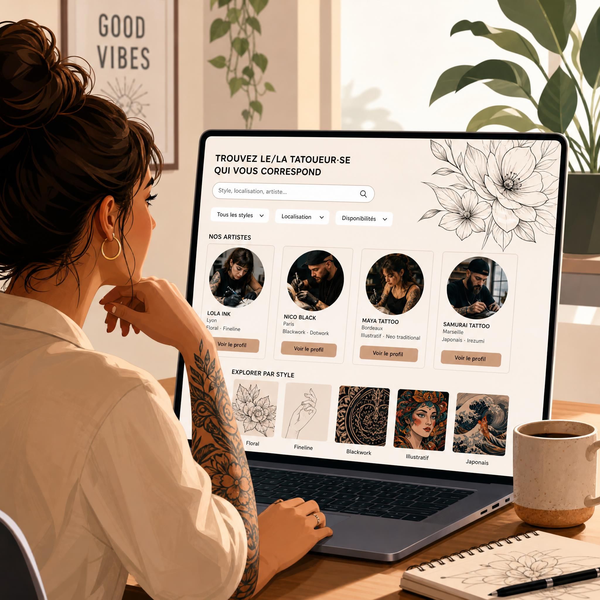 Illustration d'une personne naviguant sur une interface de recherche de tatoueurs avec des profils d'artistes et des styles variés, style illustratif chaleureux
