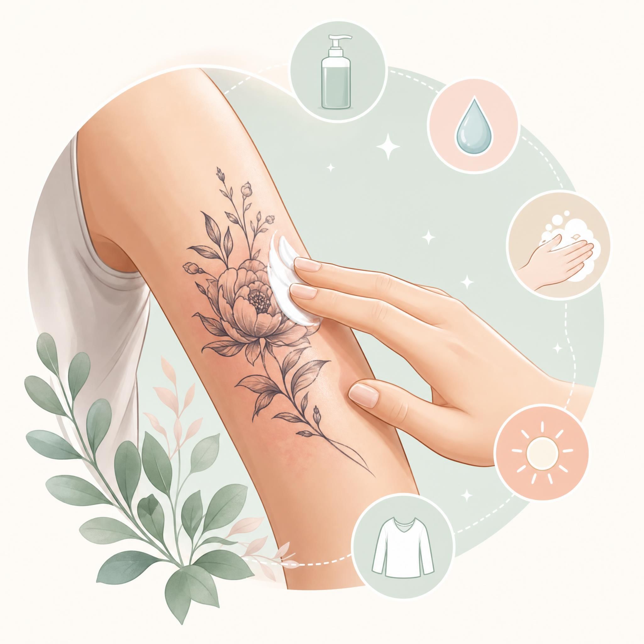 Illustration douce d'une main appliquant une crème sur un tatouage récent avec des icônes de soins autour, style illustratif pastel sans texte