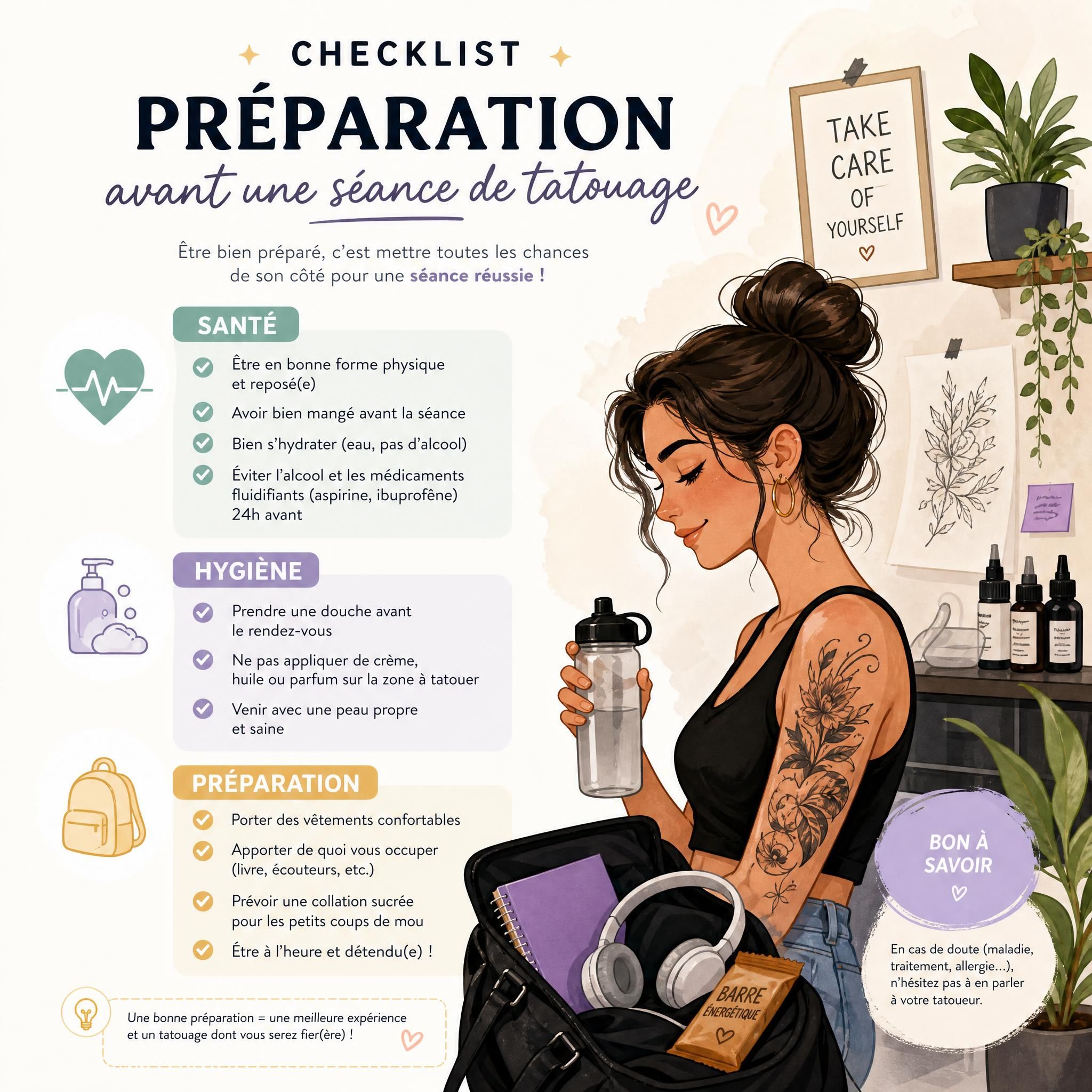 Illustration douce et informative montrant une checklist de préparation avant une séance de tatouage, avec des icônes symbolisant santé, hygiène et préparation, style illustratif coloré