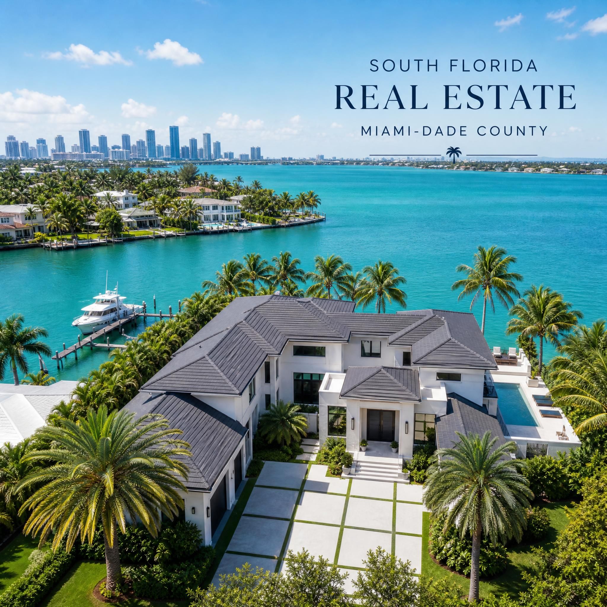 Aerial view of a luxury waterfront home in Miami-Dade County with turquoise water and palm trees, representing South Florida real estate for sale