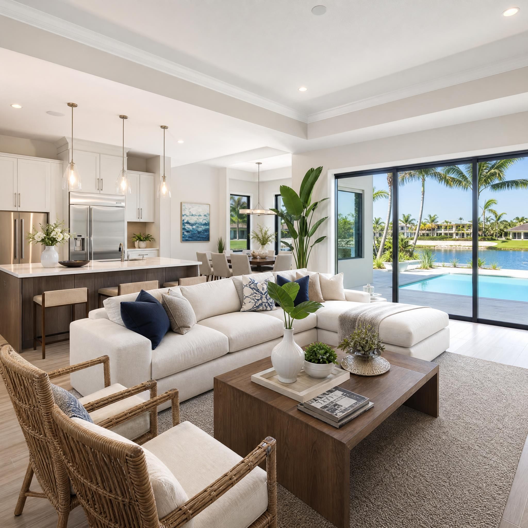 Professional real estate photography of a staged South Florida home interior showing open-plan living area with pool view and natural light