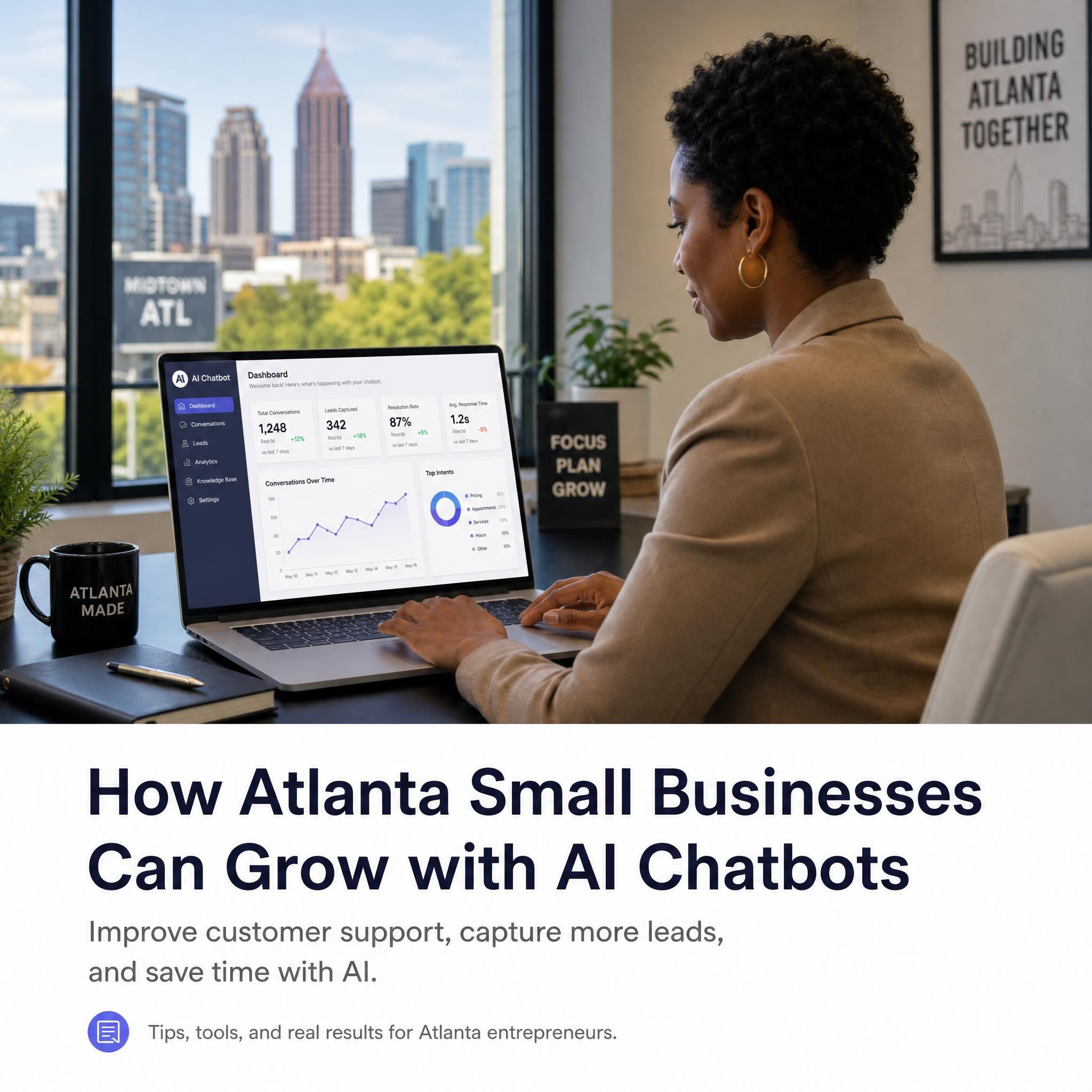 Atlanta small business owner reviewing AI chatbot dashboard on laptop in modern Midtown office