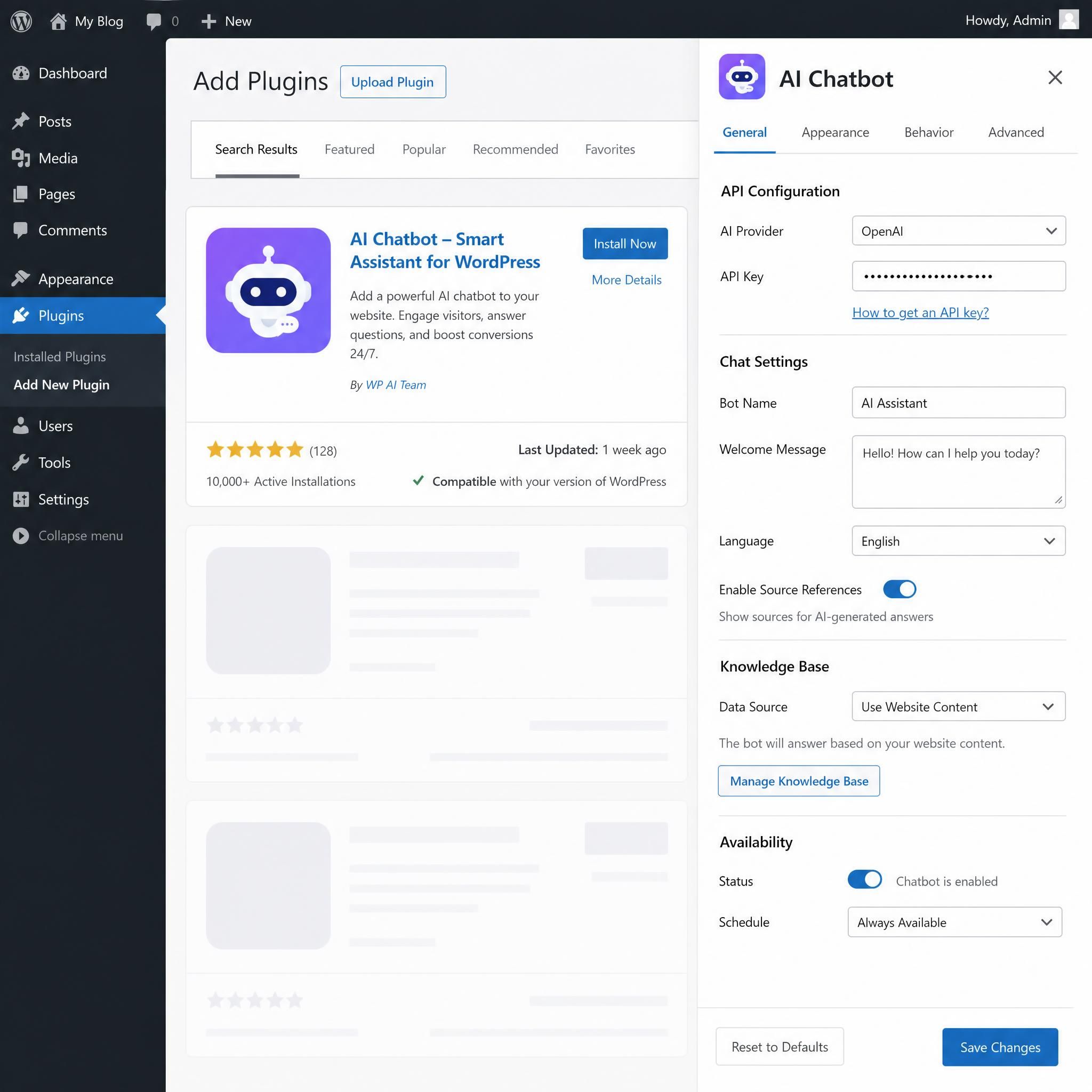 WordPress dashboard showing AI chatbot plugin installation screen with settings panel open