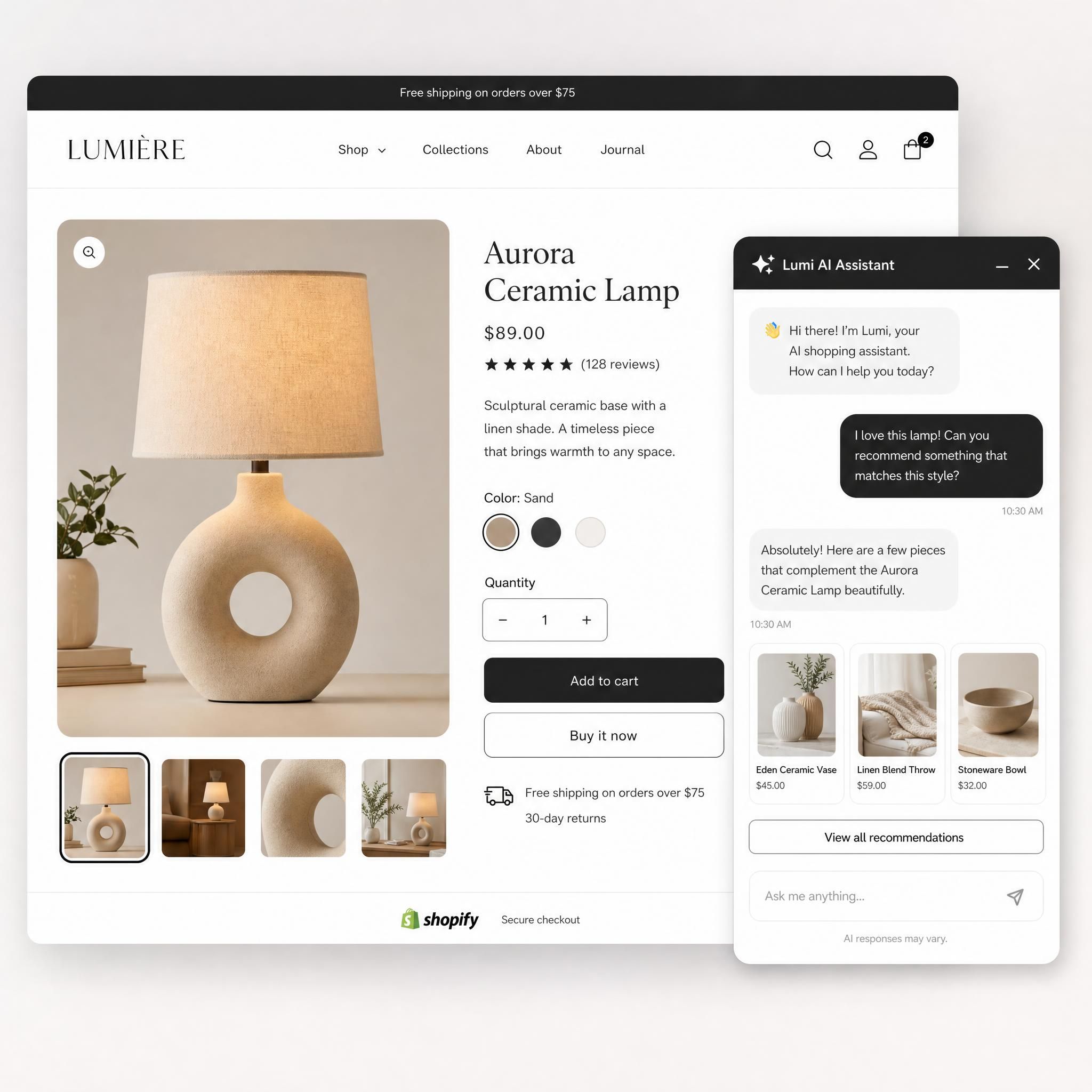 Shopify store product page with AI chatbot widget open showing product recommendation conversation