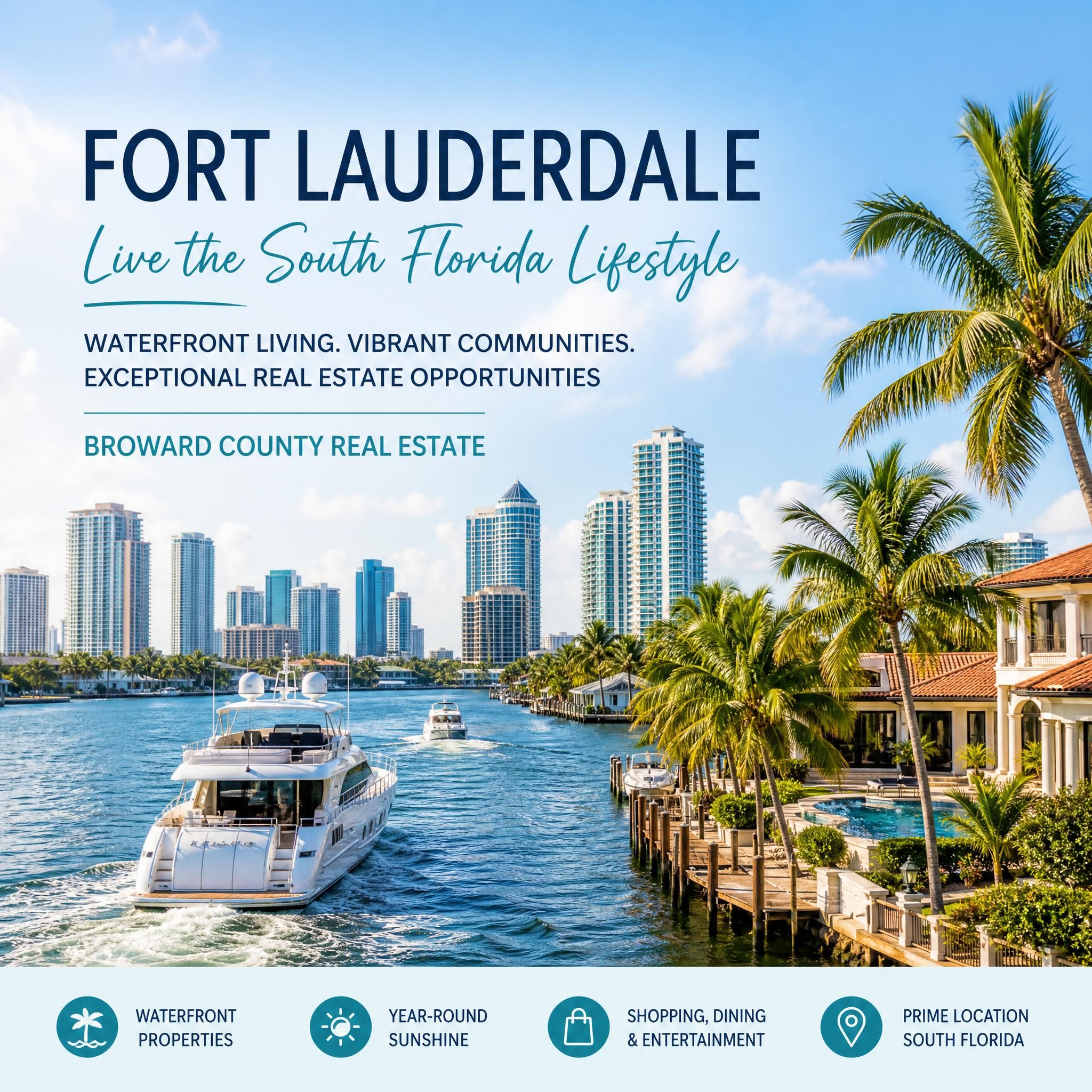 Fort Lauderdale waterfront skyline with boats and Broward County real estate, showing the South Florida lifestyle that attracts buyers
