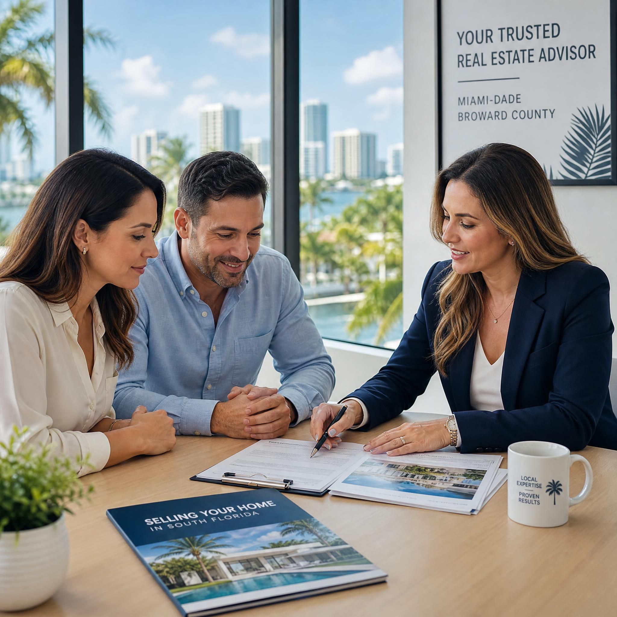 South Florida real estate agent reviewing property documents with seller clients, professional consultation for selling home in Miami-Dade or Broward County
