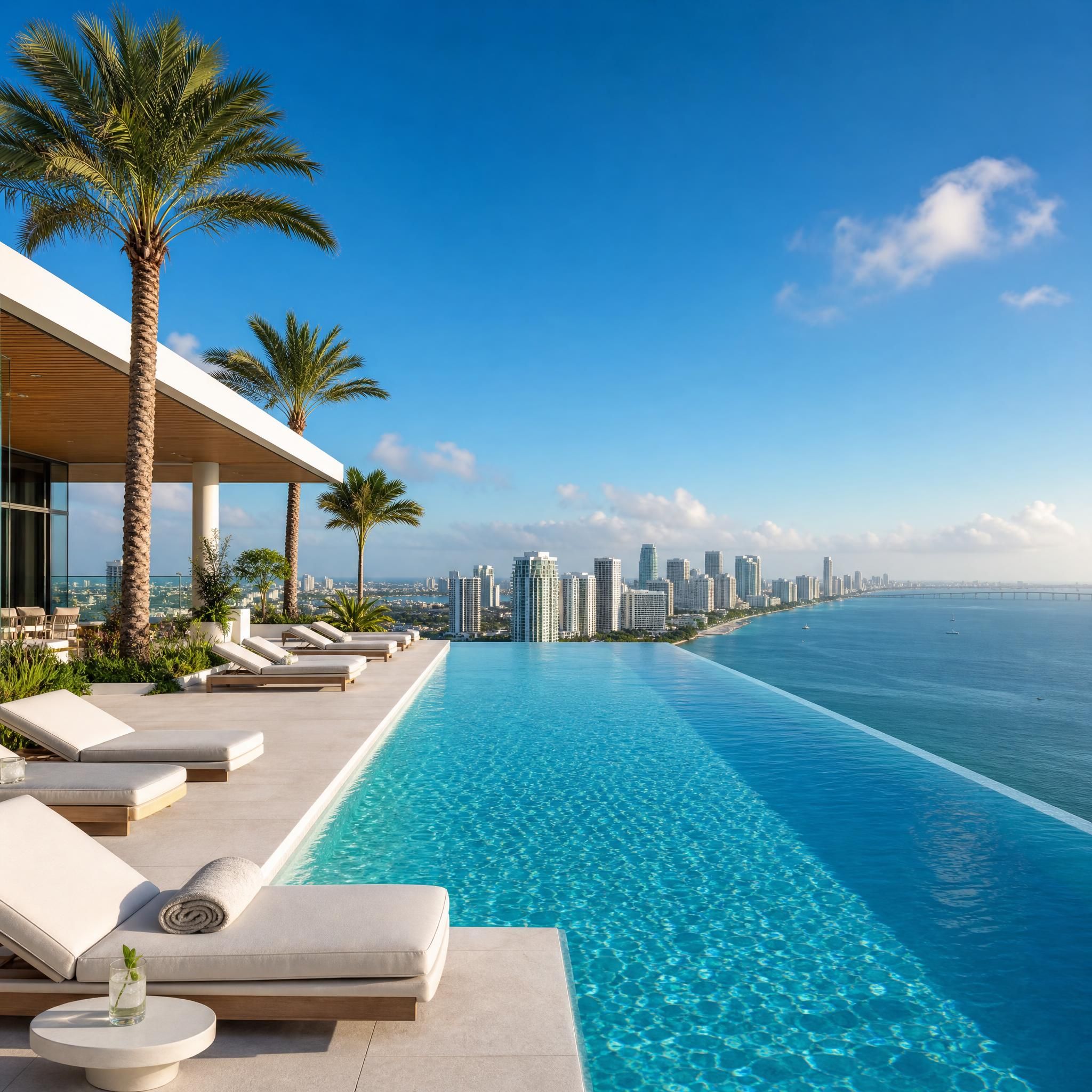 Rooftop infinity pool at a Miami luxury high-rise with panoramic ocean views and city skyline in the background