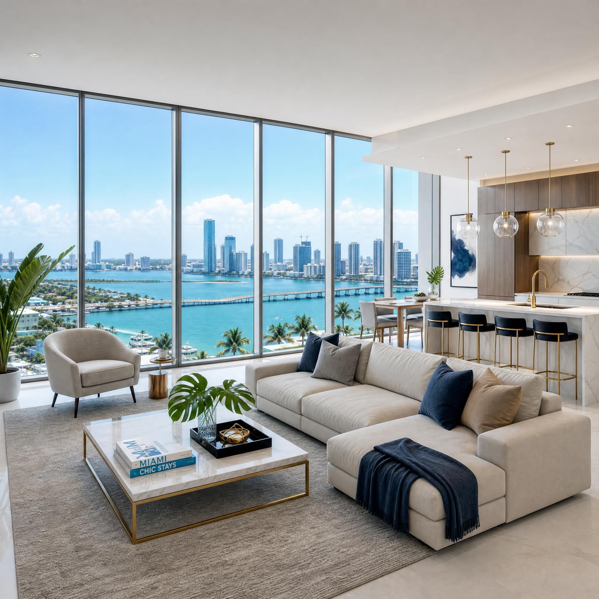 Luxury Miami condo interior with floor-to-ceiling windows overlooking Biscayne Bay, open-concept living room with high-end finishes