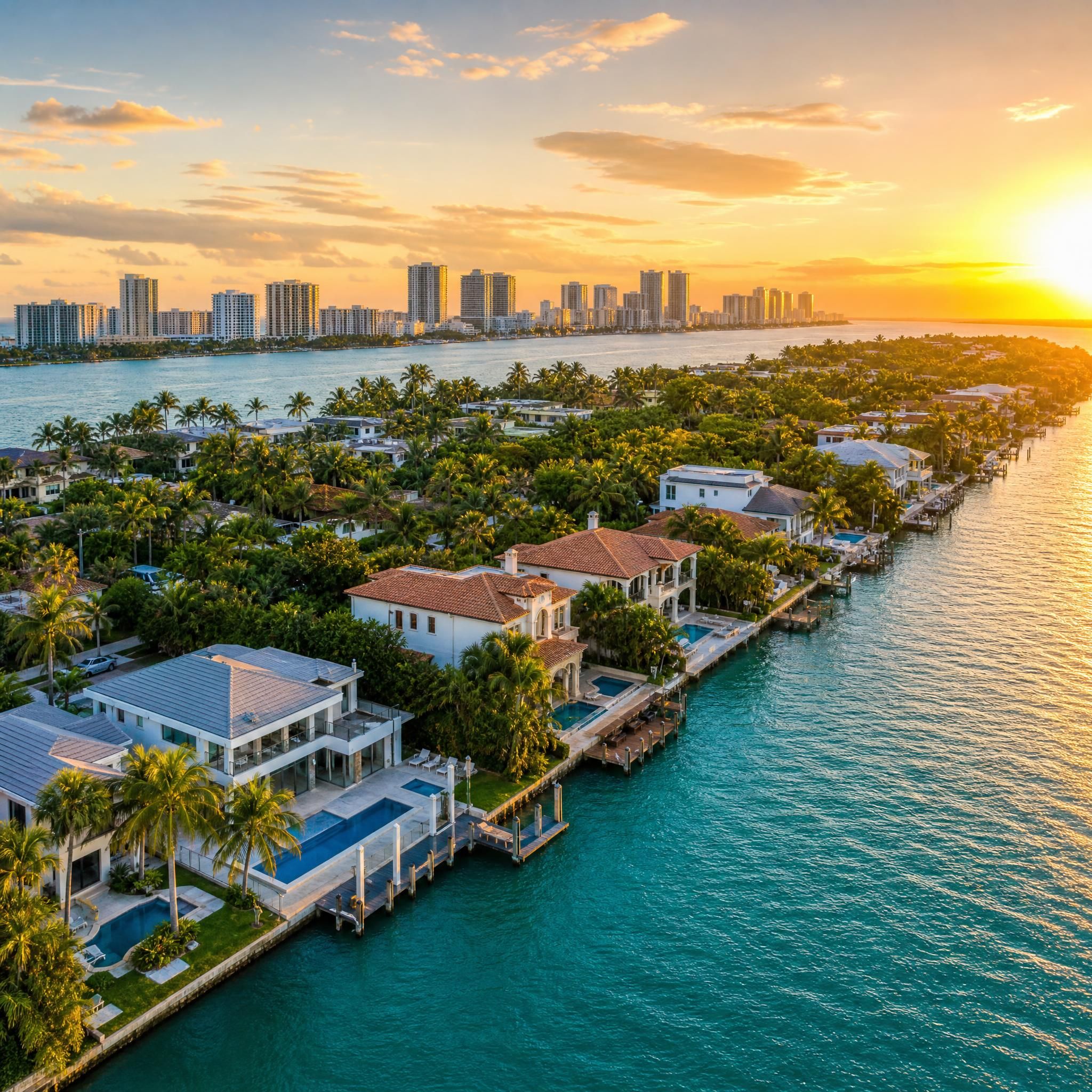 Aerial view of luxury waterfront homes along the Miami-Dade coastline at golden hour, showcasing South Florida real estate