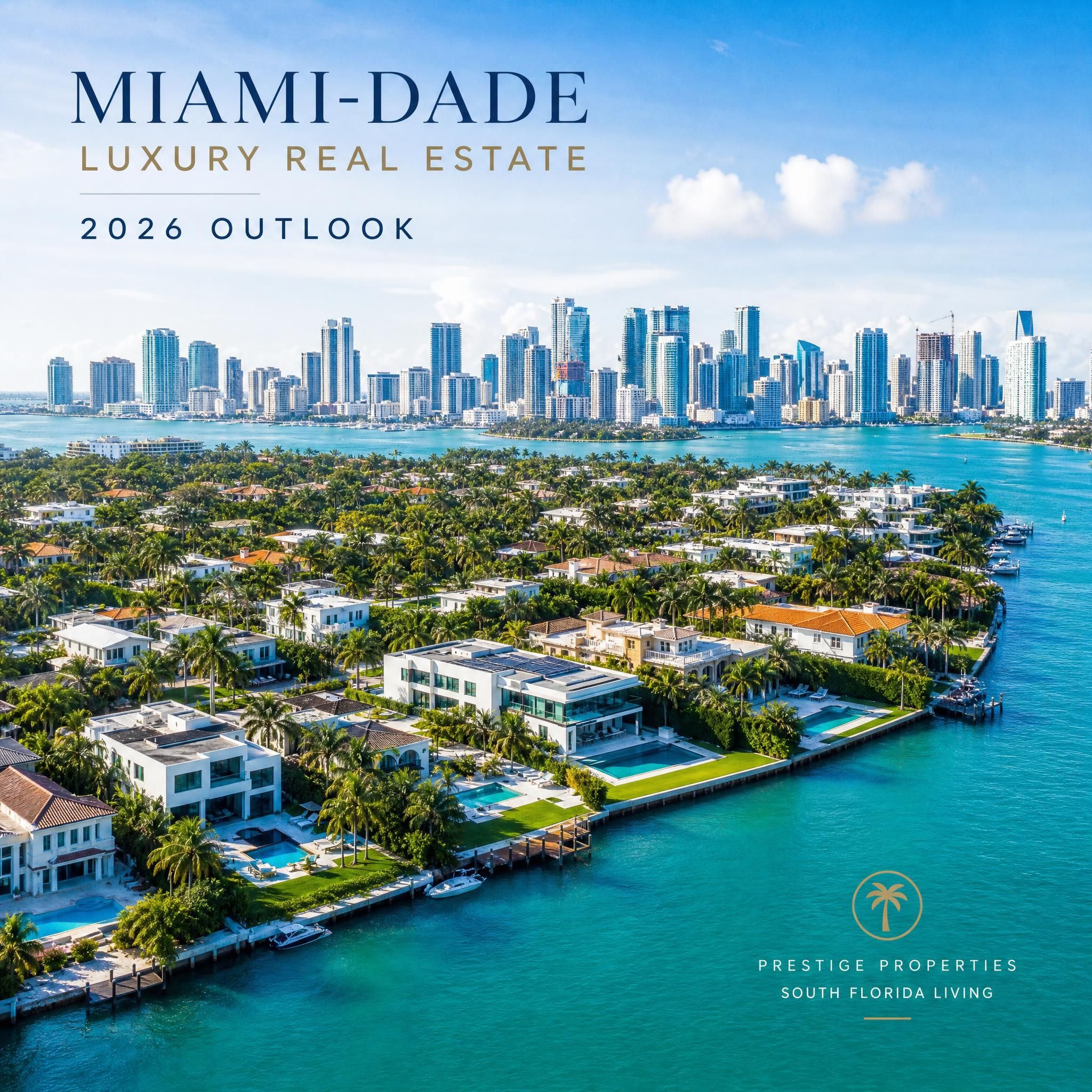 Aerial view of Miami-Dade luxury waterfront properties with downtown Miami skyline in the background, South Florida real estate 2026