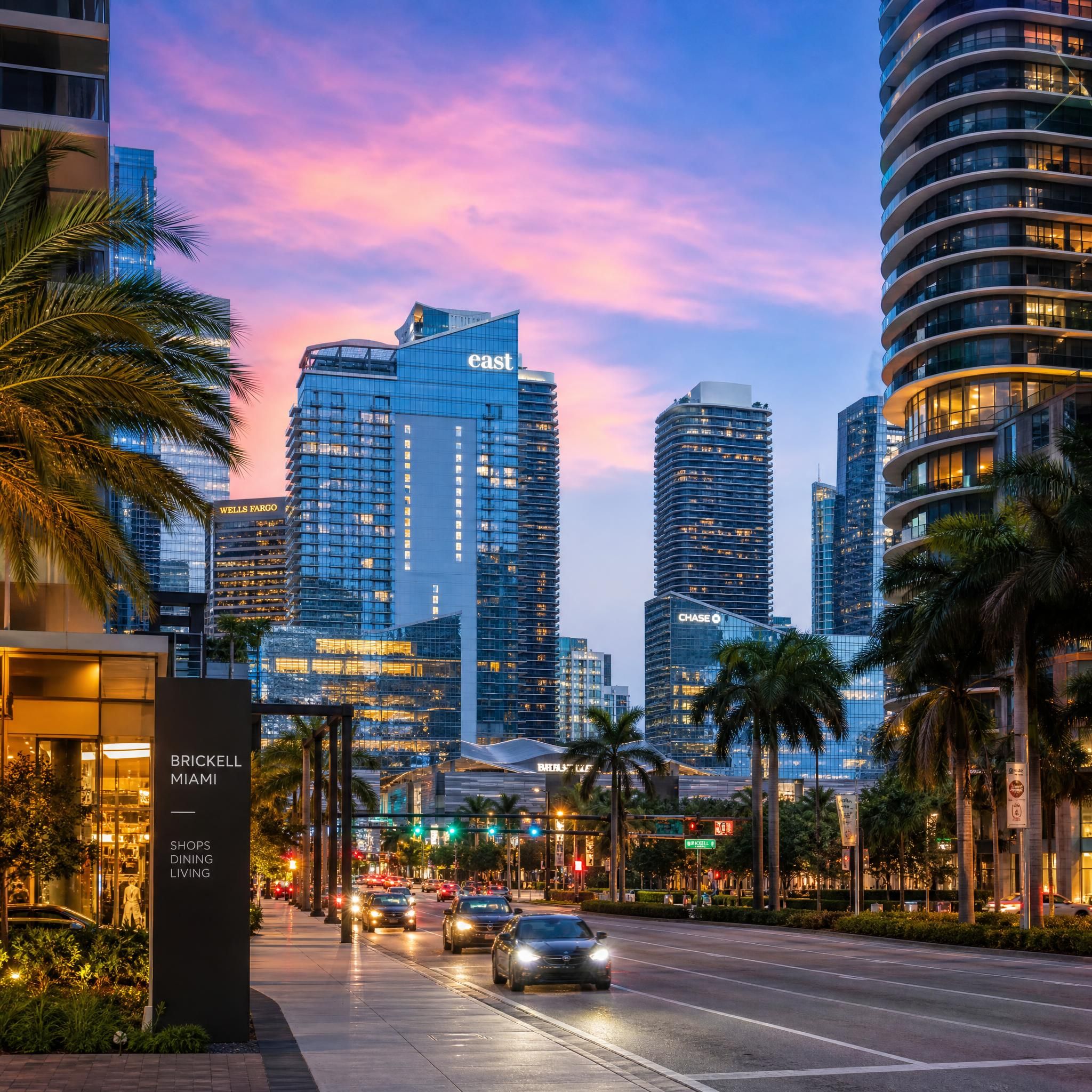 Brickell Miami neighborhood street view at dusk with luxury towers illuminated against the skyline