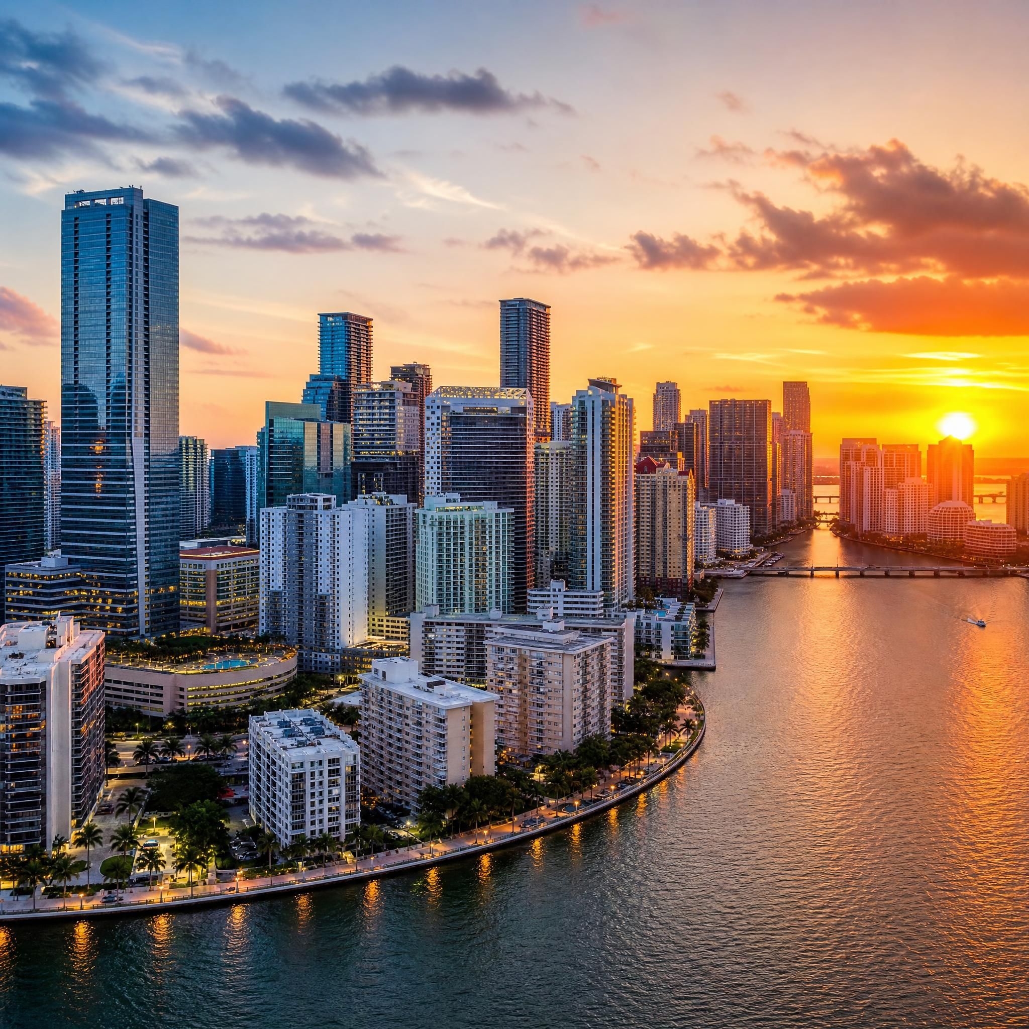 Aerial sunset view of Miami's luxury high-rise skyline with Brickell towers and Biscayne Bay waterfront