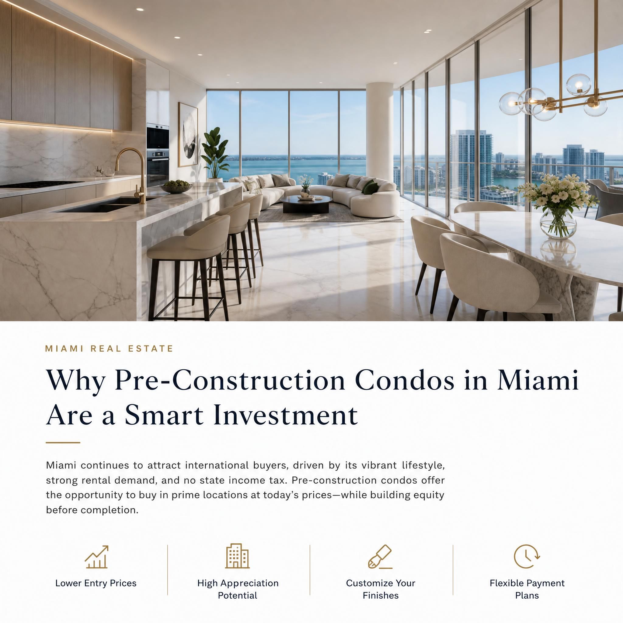 Luxury pre-construction condo interior rendering showing floor-to-ceiling windows, Italian marble finishes, and open-concept living space in Miami