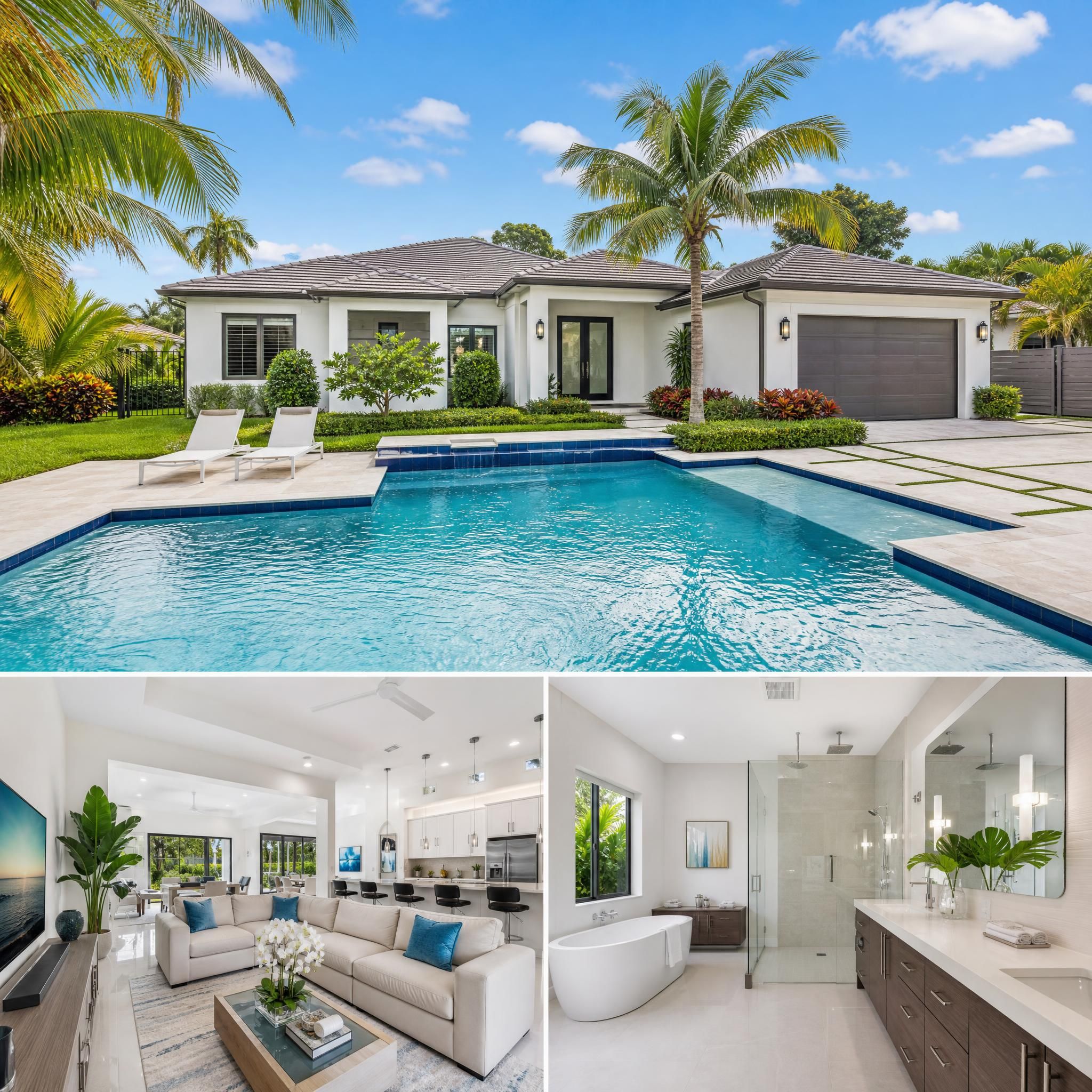 Professionally staged South Florida single-family home with tropical landscaping, pool area, and bright interior — Broward County real estate listing photography