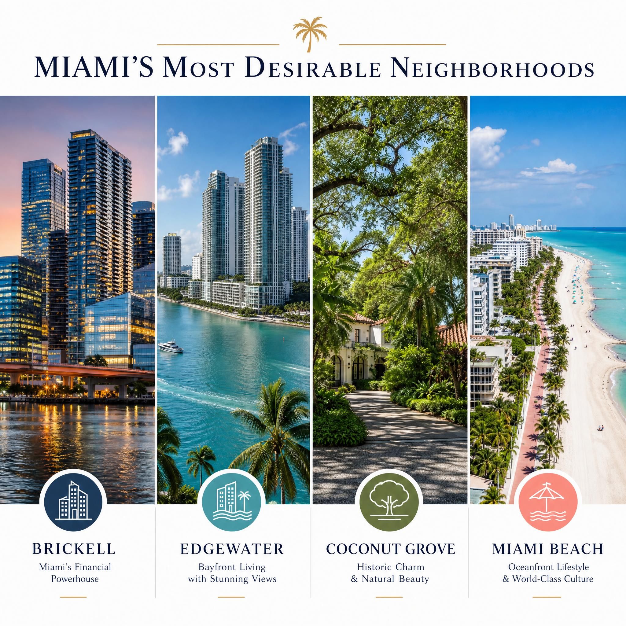 Side-by-side collage of Miami's luxury neighborhoods — Brickell skyline, Edgewater bayfront, Coconut Grove greenery, and Miami Beach oceanfront