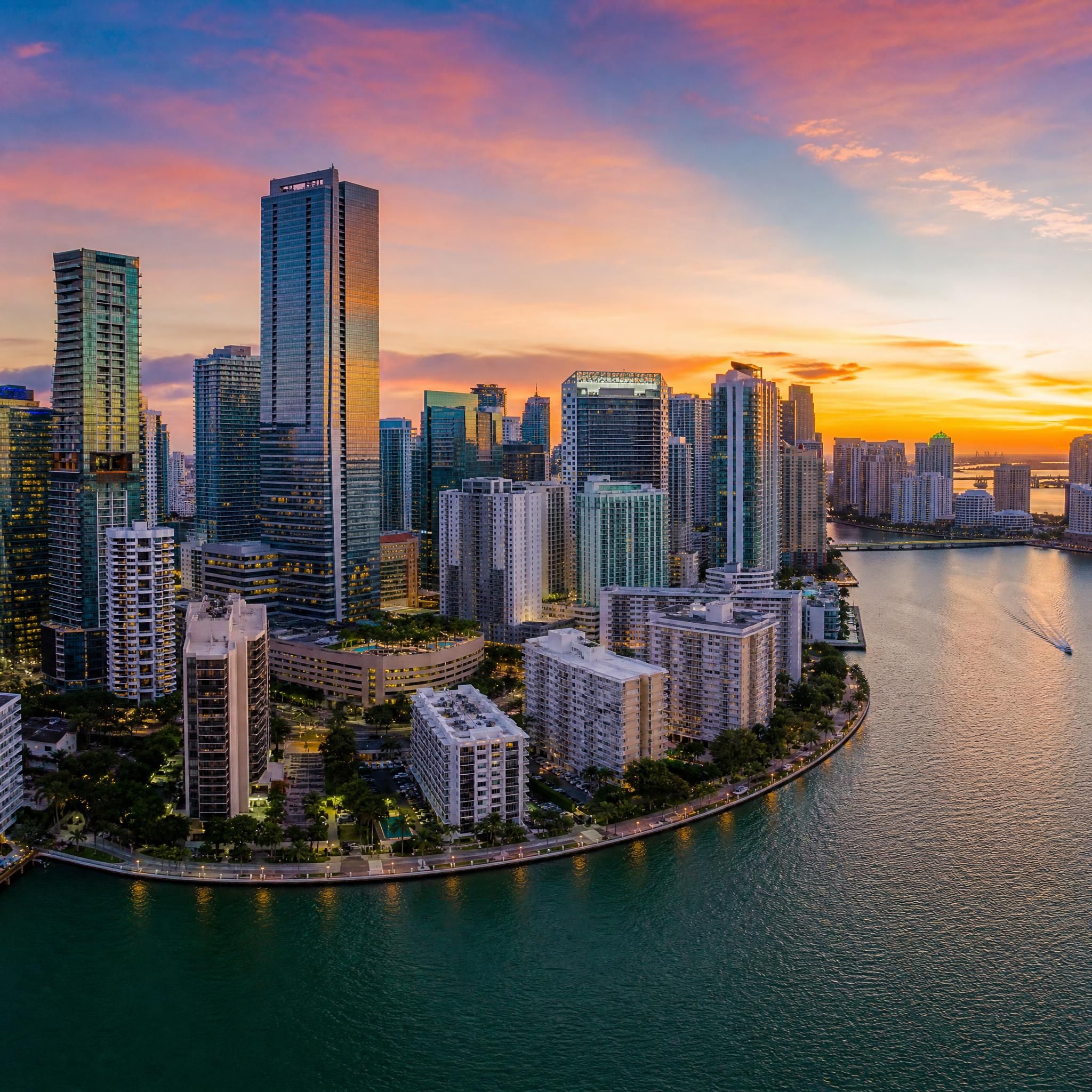 Aerial drone view of Miami's luxury waterfront skyline at sunset with Brickell high-rises and Biscayne Bay