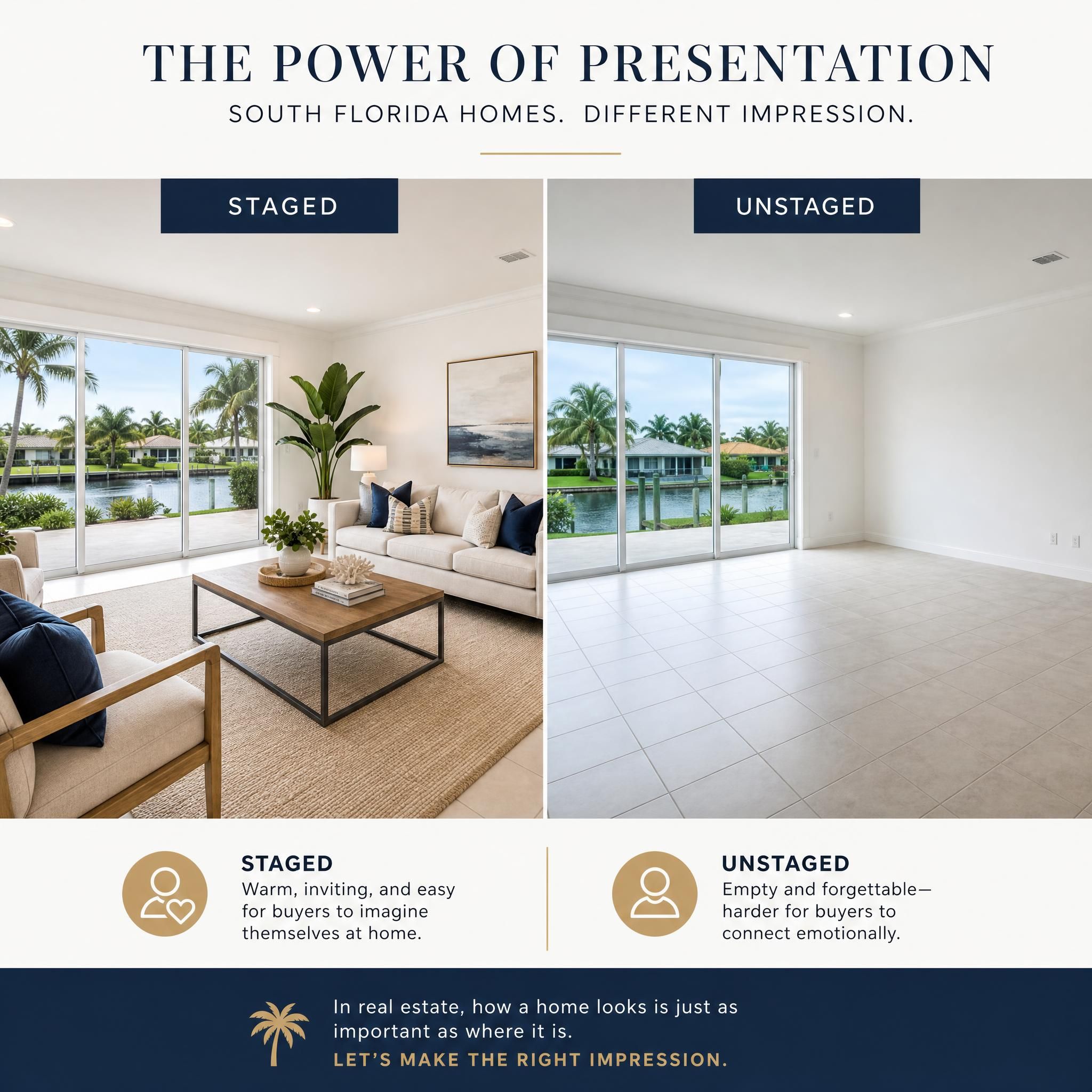 Split comparison image showing a professionally staged South Florida living room versus an unstaged version, illustrating the impact of presentation on buyer perception