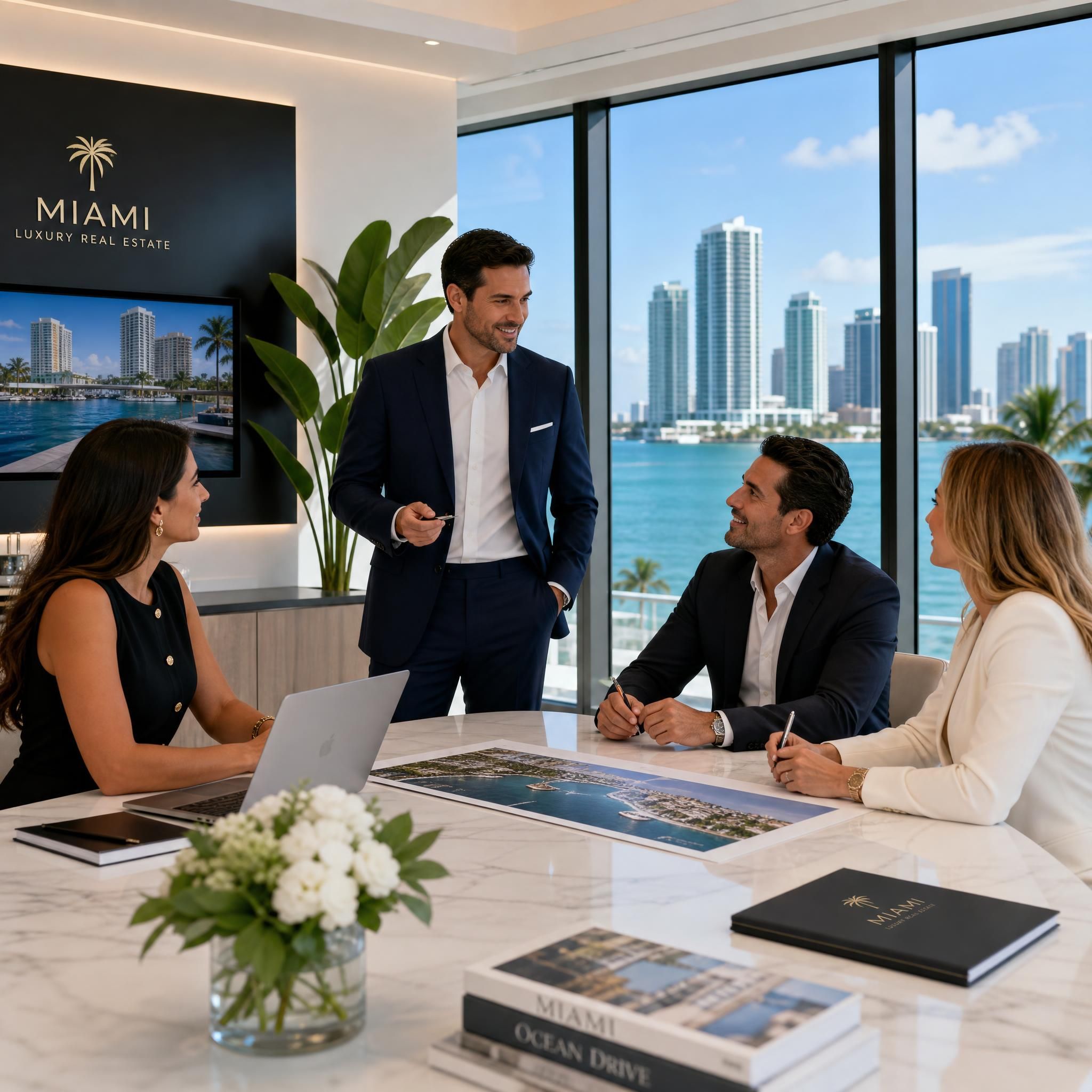 Professional team meeting in a modern Miami luxury real estate office with Biscayne Bay views in the background
