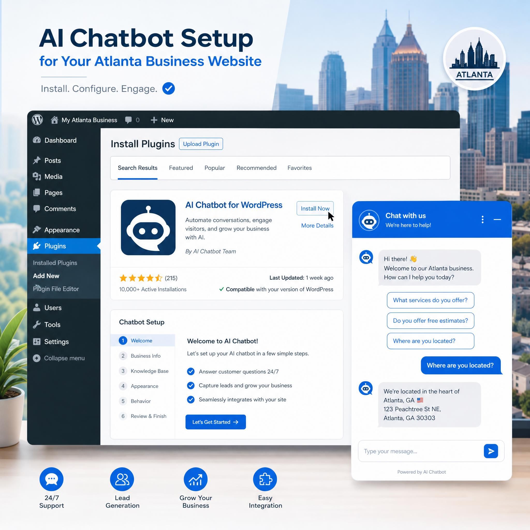 WordPress chatbot plugin installation screen showing AI chatbot setup for a small Atlanta business website