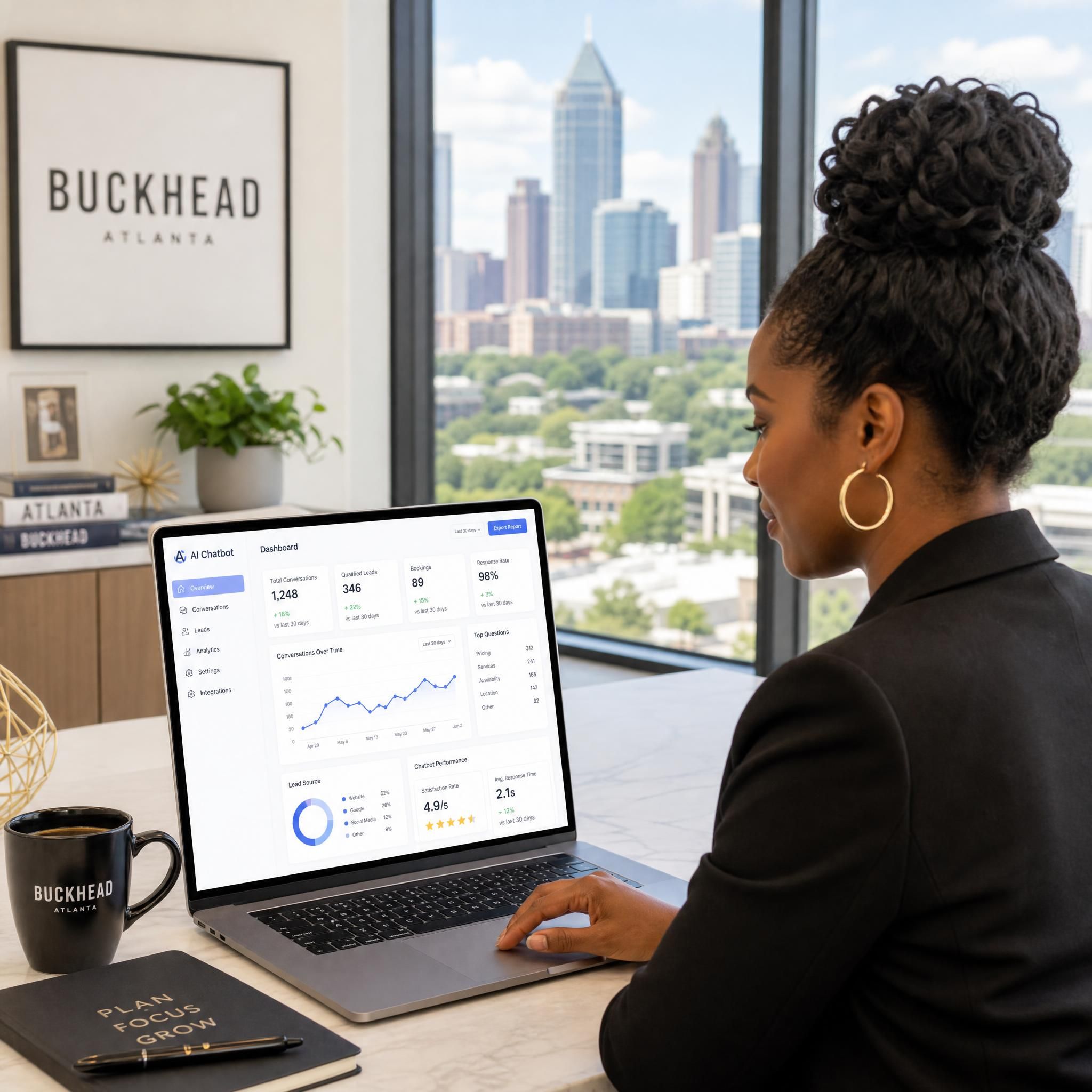 Atlanta small business owner reviewing AI chatbot dashboard on laptop in Buckhead office, 2026