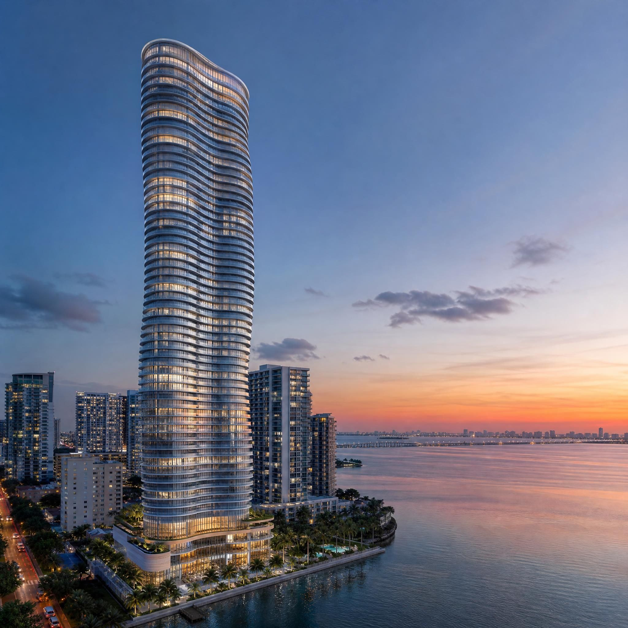 Architectural rendering of Lilli tower in Miami's Edgewater neighborhood, sinuous 53-story glass tower with curved facade overlooking Biscayne Bay at dusk