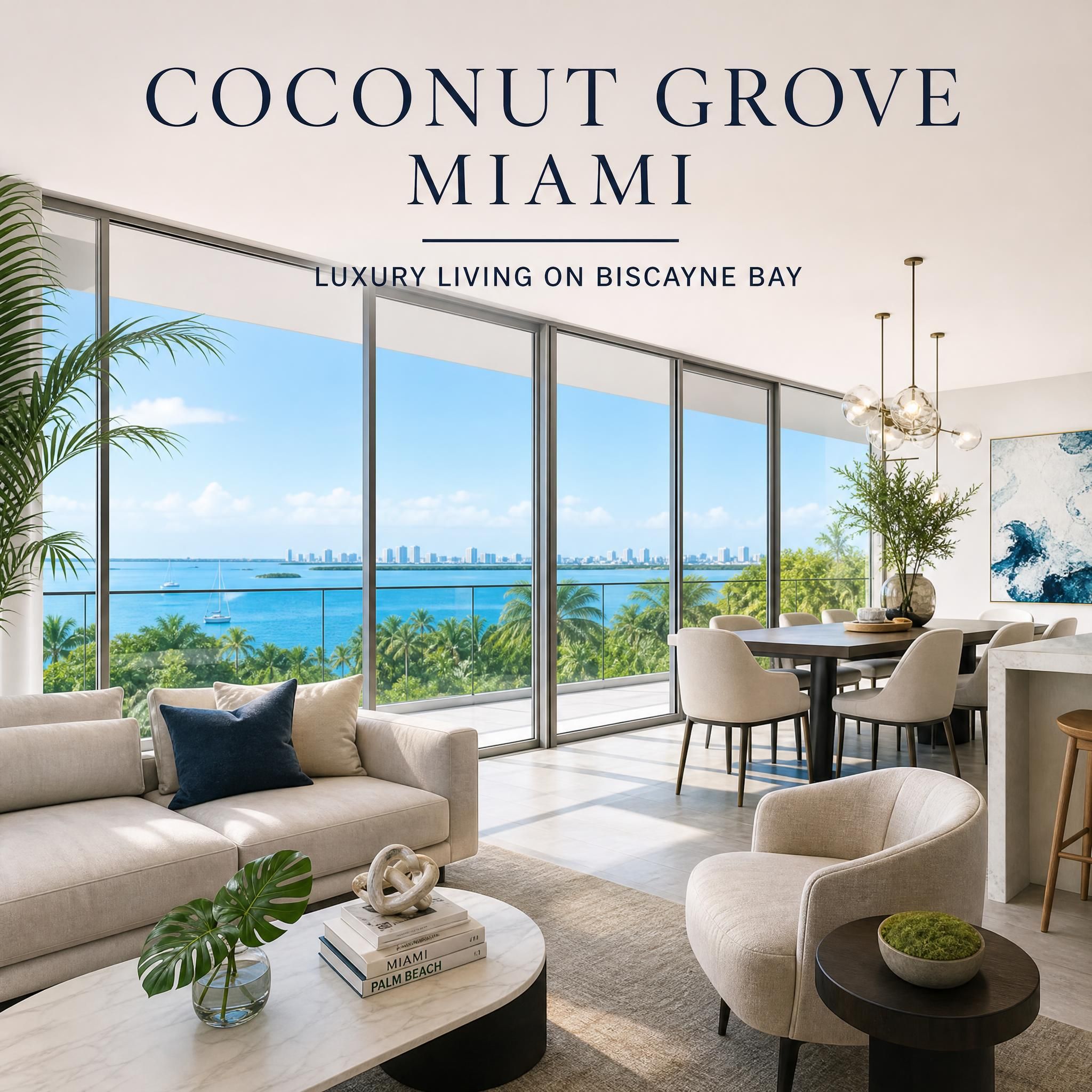 Luxury boutique condo residence interior in Coconut Grove Miami with floor-to-ceiling windows overlooking Biscayne Bay and lush tropical greenery
