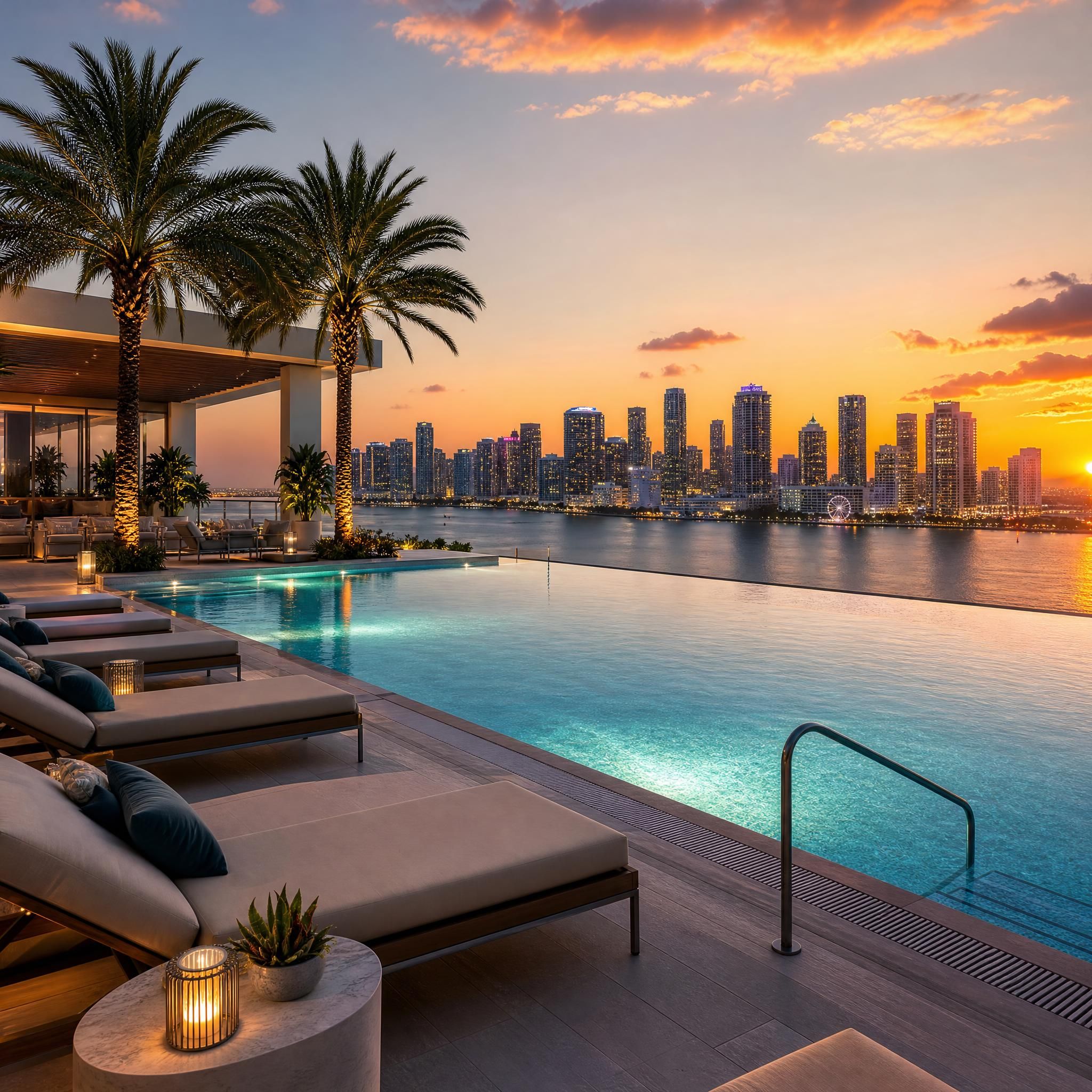 Lifestyle image of a luxury Miami waterfront condo rooftop pool at sunset with the Miami skyline glowing in the background, embodying the aspirational Miami luxury living experience