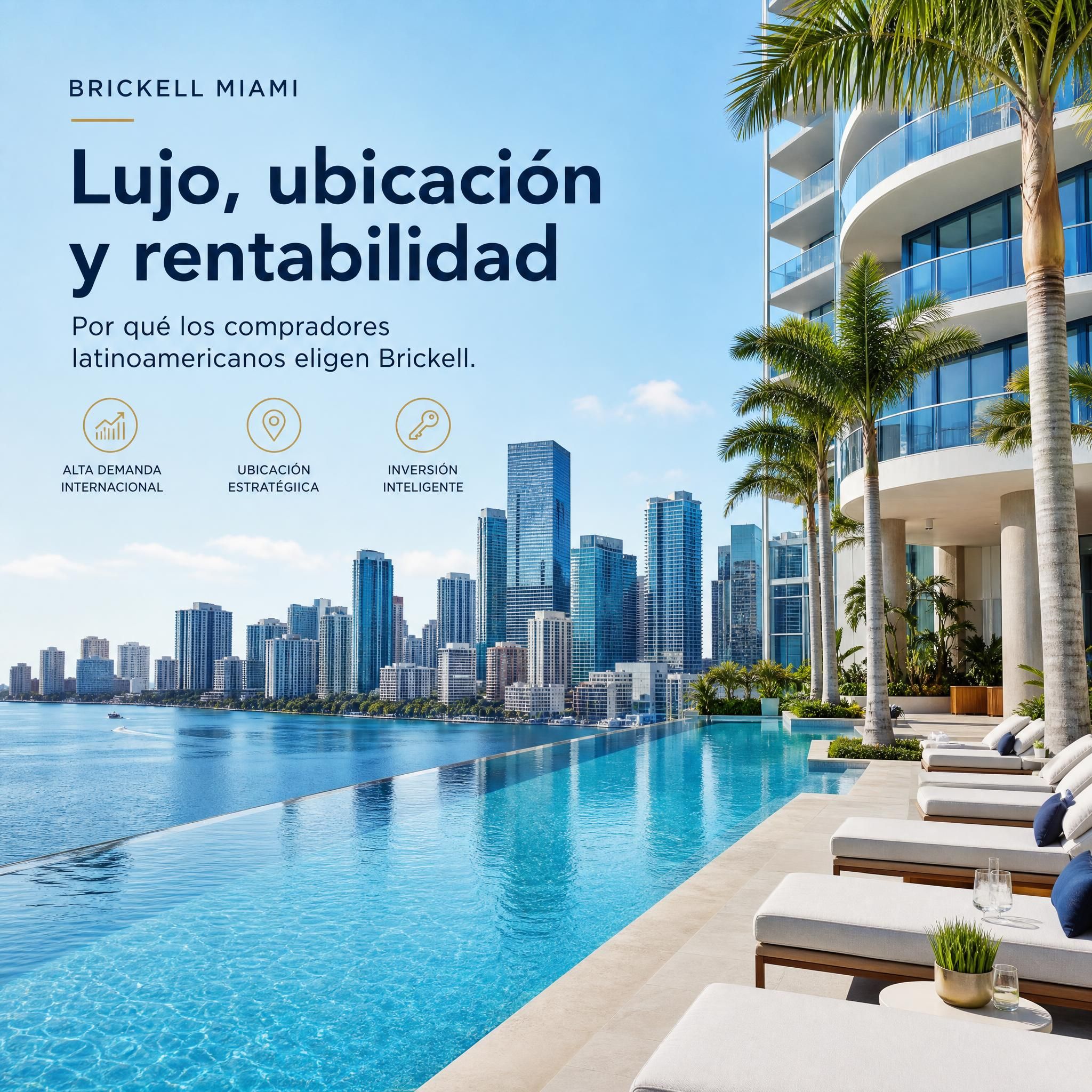Luxury waterfront condominium pool deck in Brickell Miami with panoramic bay views, favored by Latin American buyers