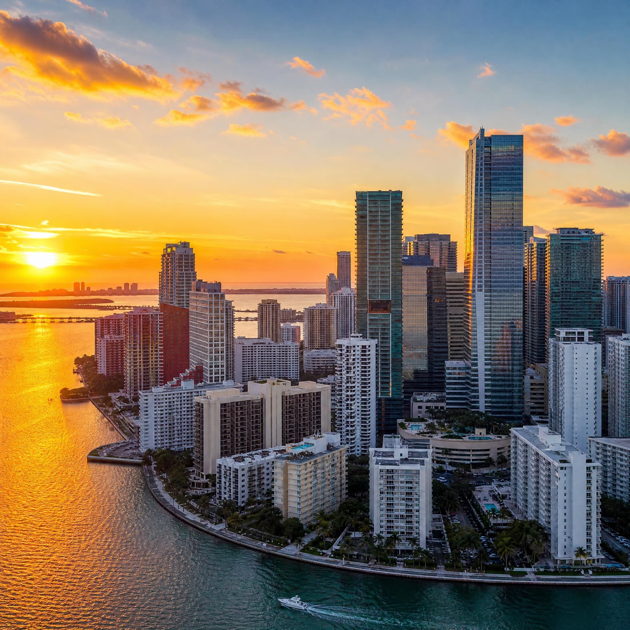 Aerial sunset view of Miami's Brickell skyline with luxury high-rise towers reflecting golden light over Biscayne Bay