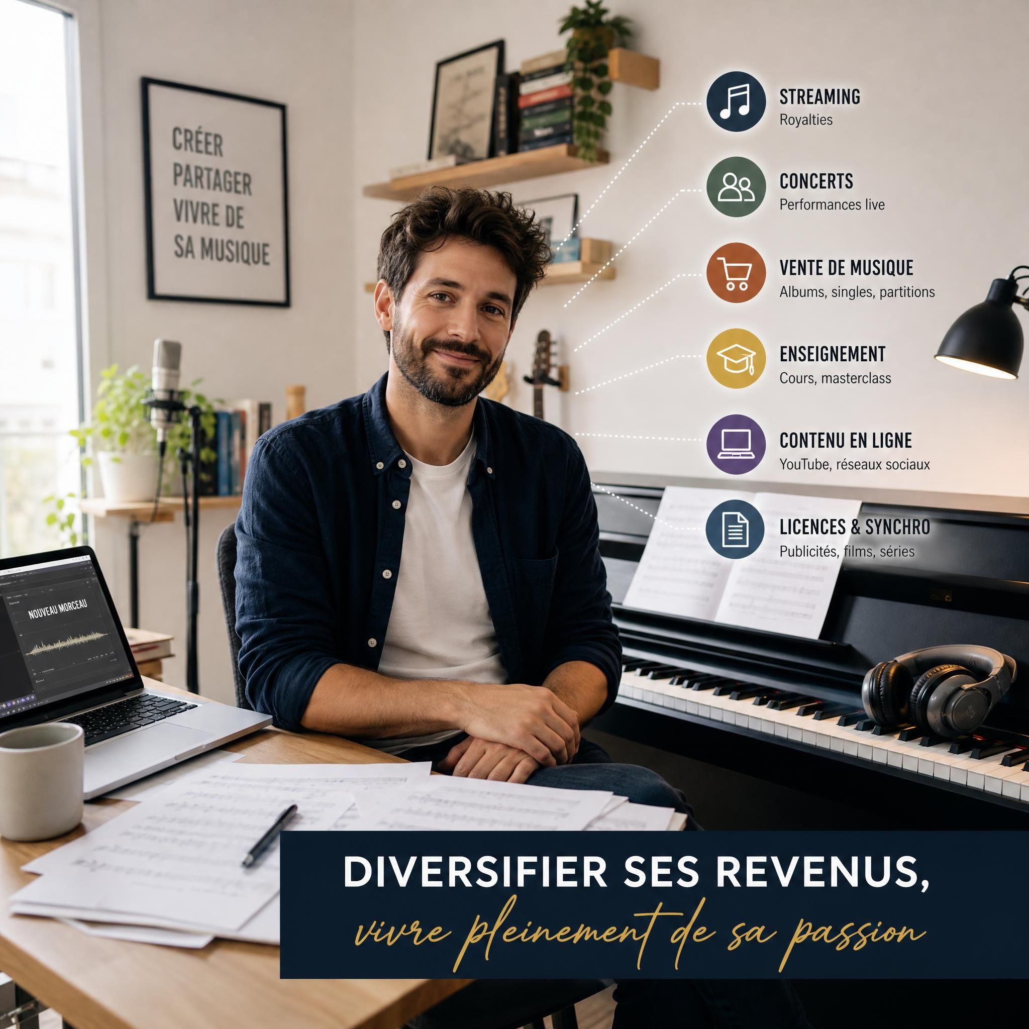 Musicien professionnel devant un piano dans un studio lumineux, entouré de partitions et d'un ordinateur, symbolisant la diversification des revenus musicaux
