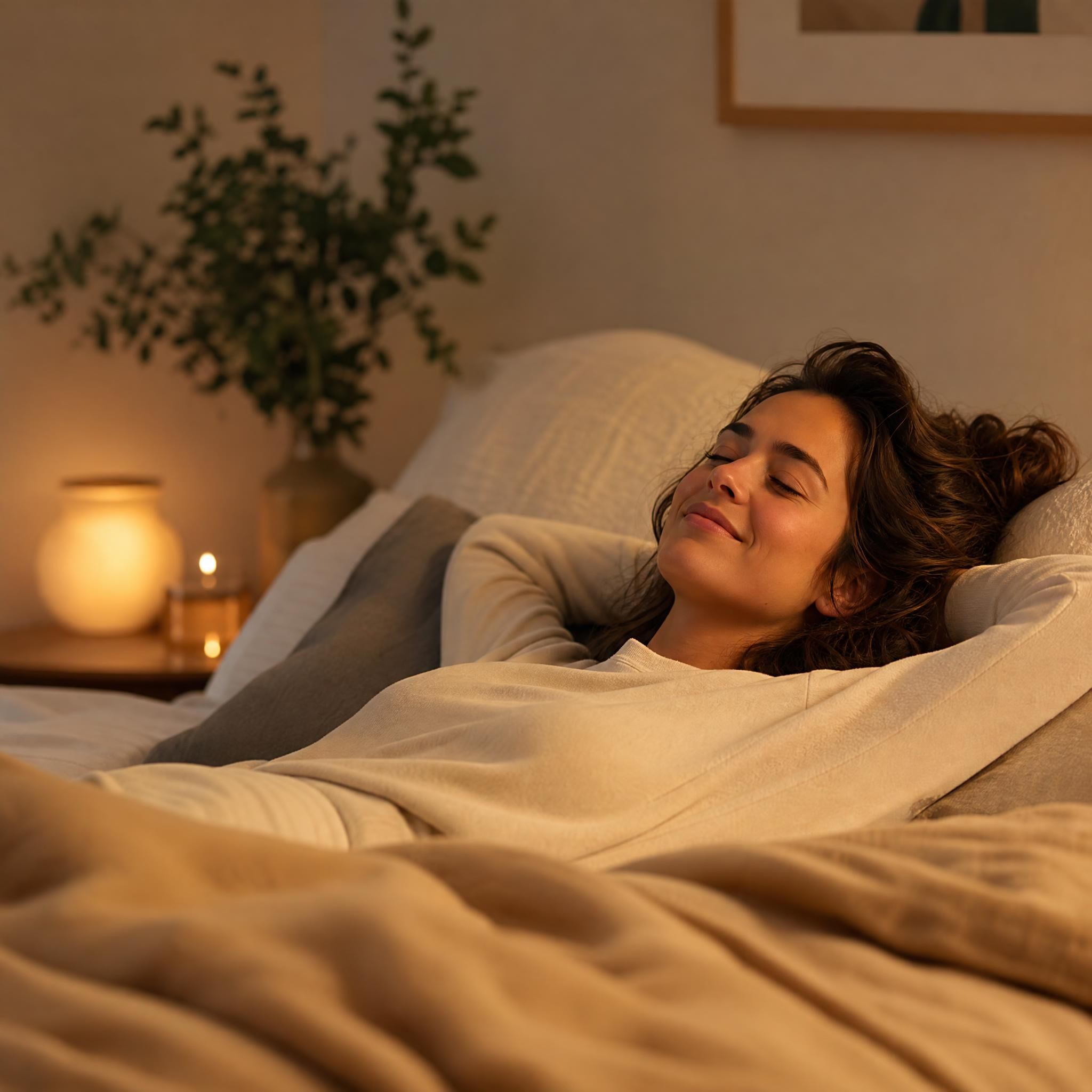 Femme allongée dans une chambre apaisante, les yeux mi-clos, expression sereine et détendue, lumière tamisée dorée, ambiance de lâcher-prise — plan moyen