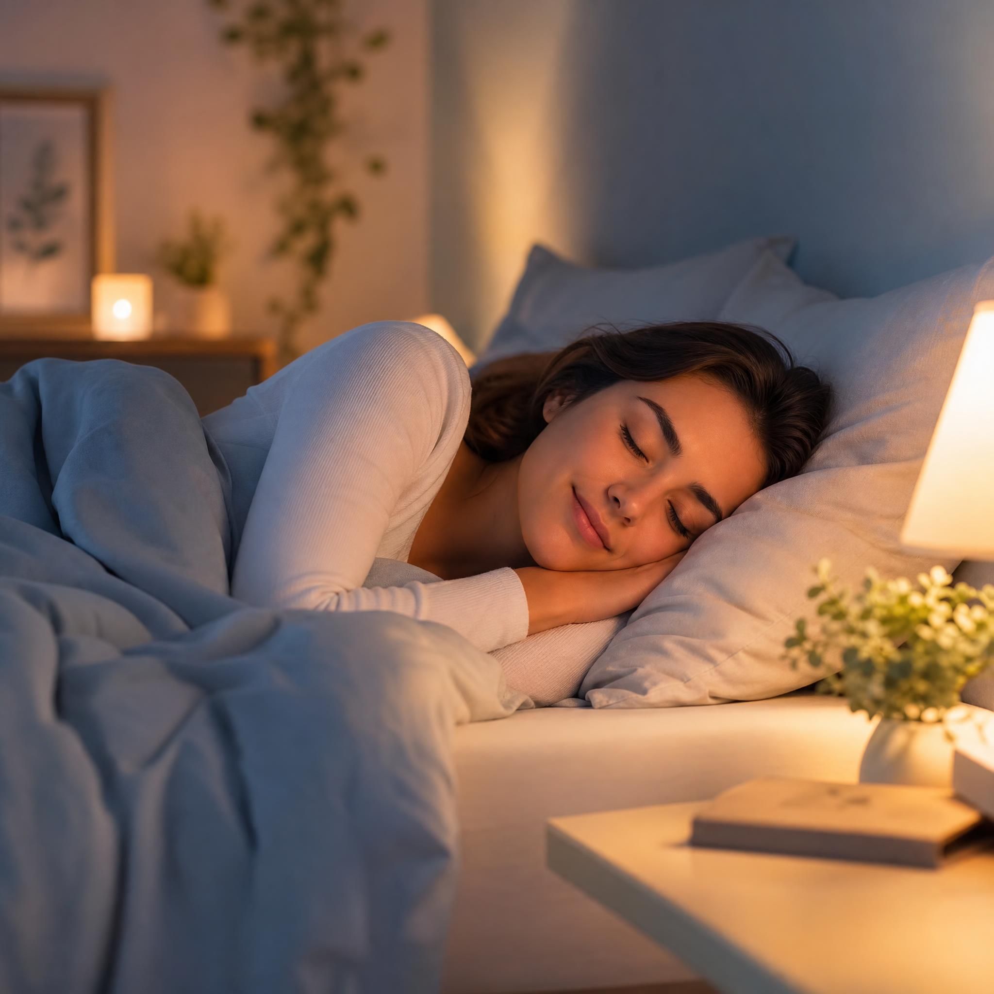 Femme paisible qui s'endort dans une chambre tamisée, draps doux, lumière douce en fond — plan moyen, ambiance apaisante et bienveillante