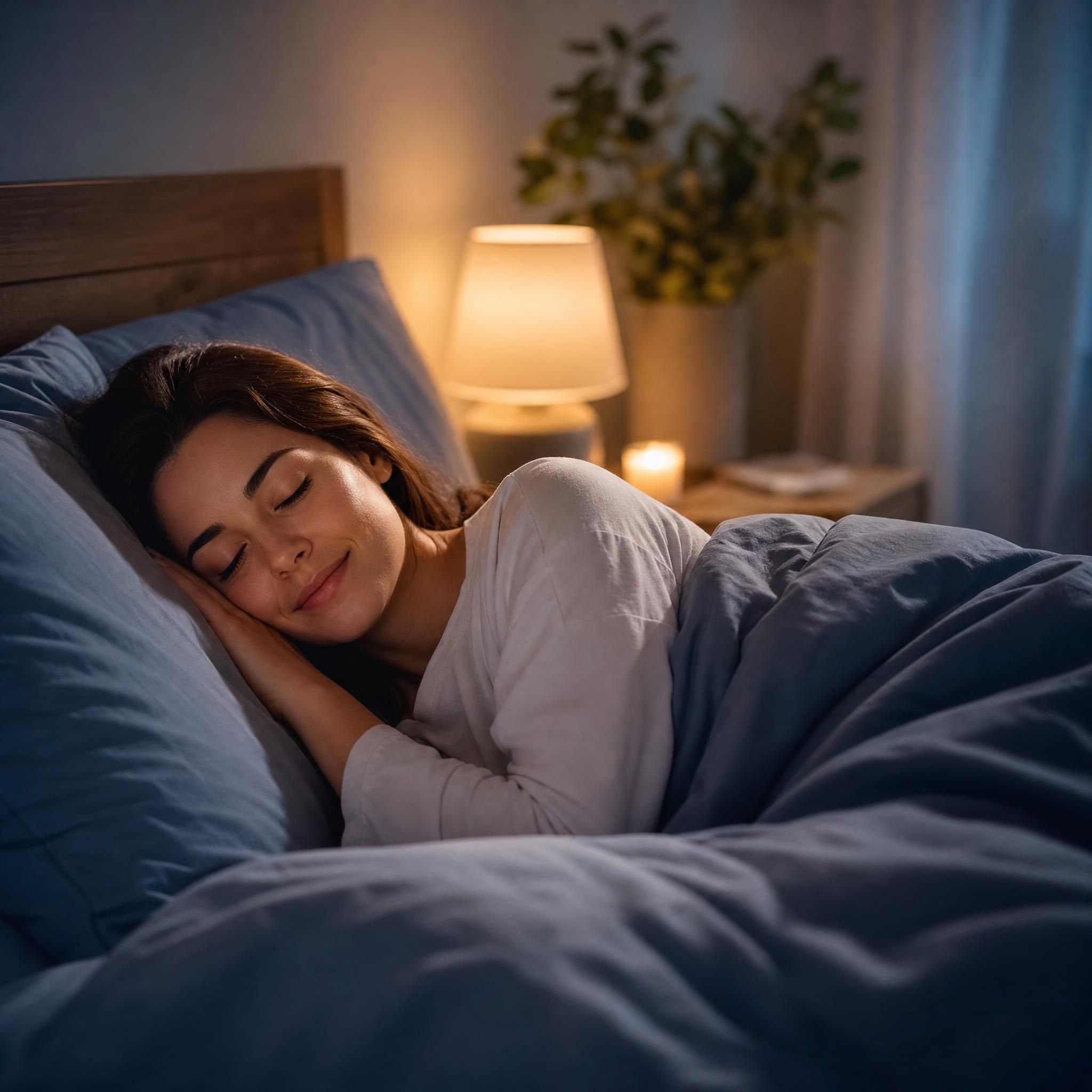 Femme qui s'endort paisiblement dans une chambre tamisée, draps doux, lumière douce en fond, ambiance apaisante et sécurisante, plan moyen